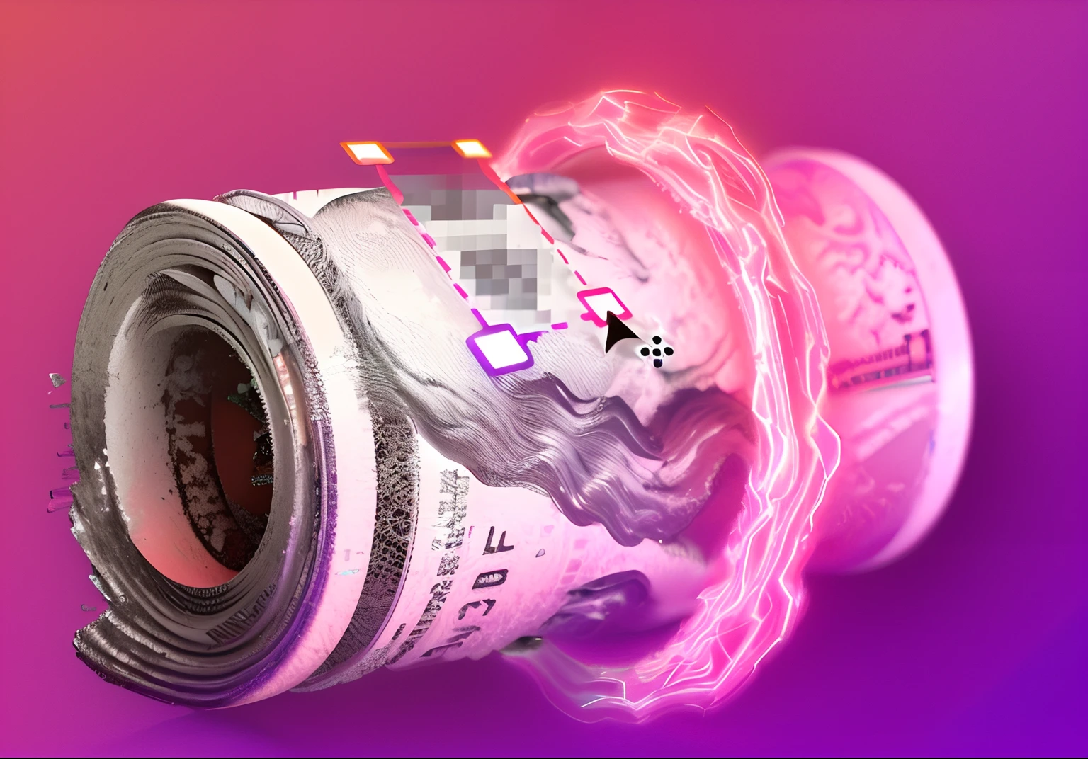 um close up de um rolo de dinheiro com um fundo rosa, aaa, vaporwave lighting, neo vaporwave |, ๐๐๐, Falha, ๐๐๐คฉ, vaporwave lighting style, Dan Christensen, neon glitch, onda de vapor, Illinois vaporwave, vaporwave, holographic effect