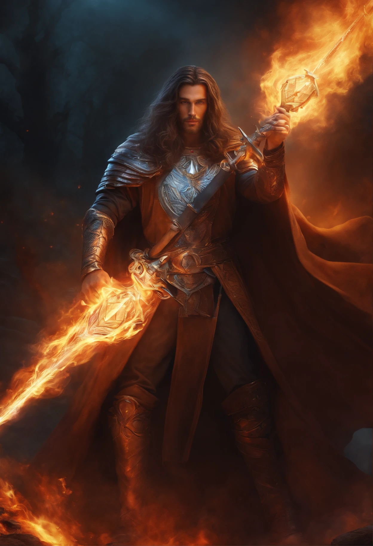 Freemason wizard with blue eyes, long brown hair and a flaming sword fighting demons, high fantasy.