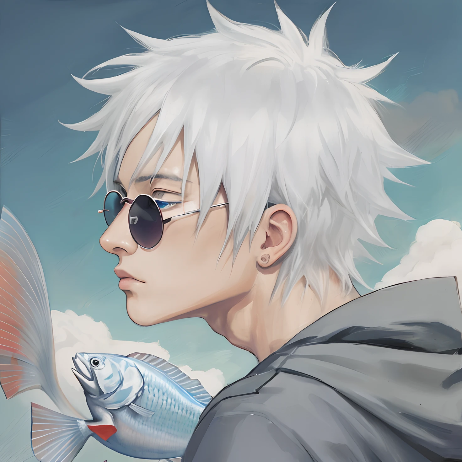 anime guy with white hair and sunglasses looking at a fish, hand coloring,blue eyes, gojo satoru, Jujutsu kaisen, realism art, realistic hair