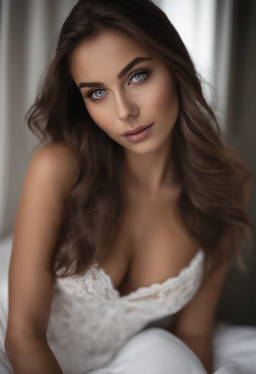 Latino and Swedish Woman , fille sexy aux yeux bruns, ultra realist, Meticulously detailed, Portrait Sophie Mudd, cheveux bruns et grands yeux, selfie of a young woman, Yeux de chambre, Violet Myers, sans maquillage, maquillage naturel, looking straight at camera, Visage avec Artgram, Maquillage subtil, Great photo of the whole body kneeling on the bed, dans la chambre, Medium to large bust, en jupe noire sexy, botte haute noir a talon, un body en dentelle, une veste ouverte et des bas resilles