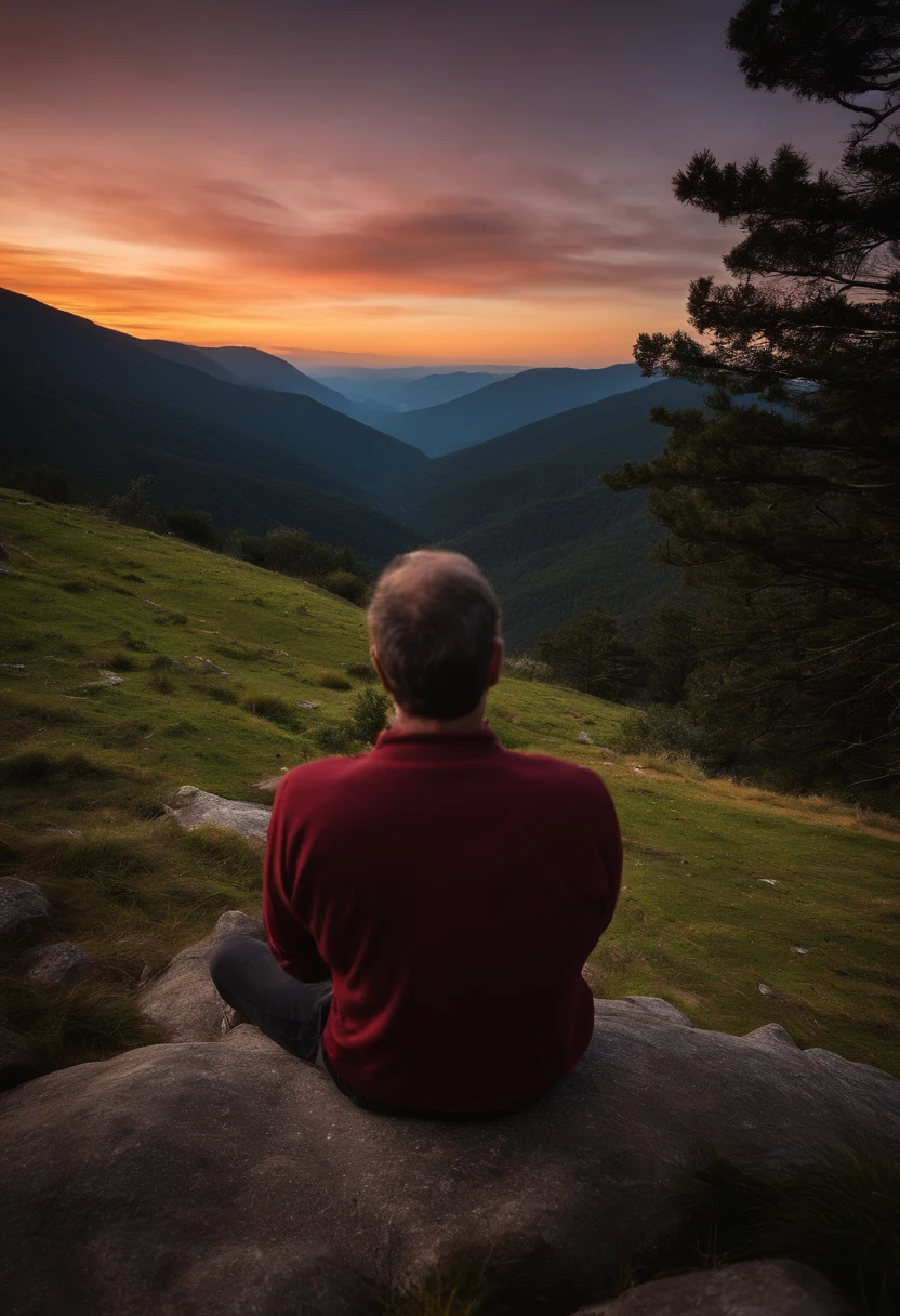 homem de 40 anos de idade, no alto de uma montanha ao entardecer, This man is looking up at the sky, In the valley below the mountain there is a large coniferous forest, few clouds in the sky, algumas estrelas e um disco voador aparece no canto da imagem