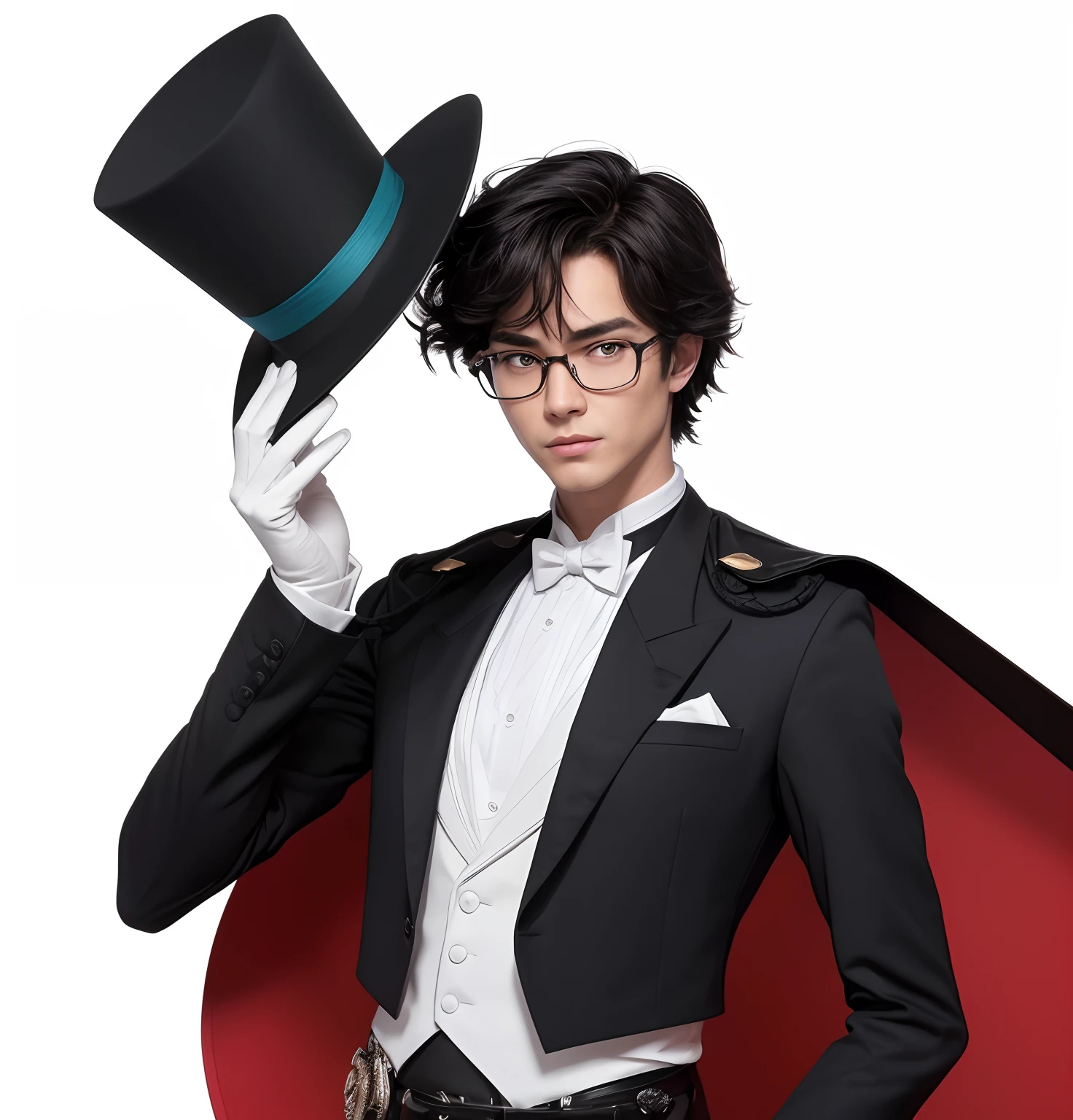 Cinematic stunningly detailed and ultra-realistic young man. Half-body. He is wearing a tuxedo over a white vest and a white shirt, back shoes and a black clock, red inside. He is handle a topper lies close to head. Octane is the perfect tool to capture the softest details of this 16k photography masterpiece. He is a handsome caucasian man about 30 years old. 1boy. Asiatic. Beautiful face. Detailed face. Beautiful nose. (Pretty big turquoise eyes). White glasses. Shaved. He has black short hair. Messy black hair. ((Shaved)).