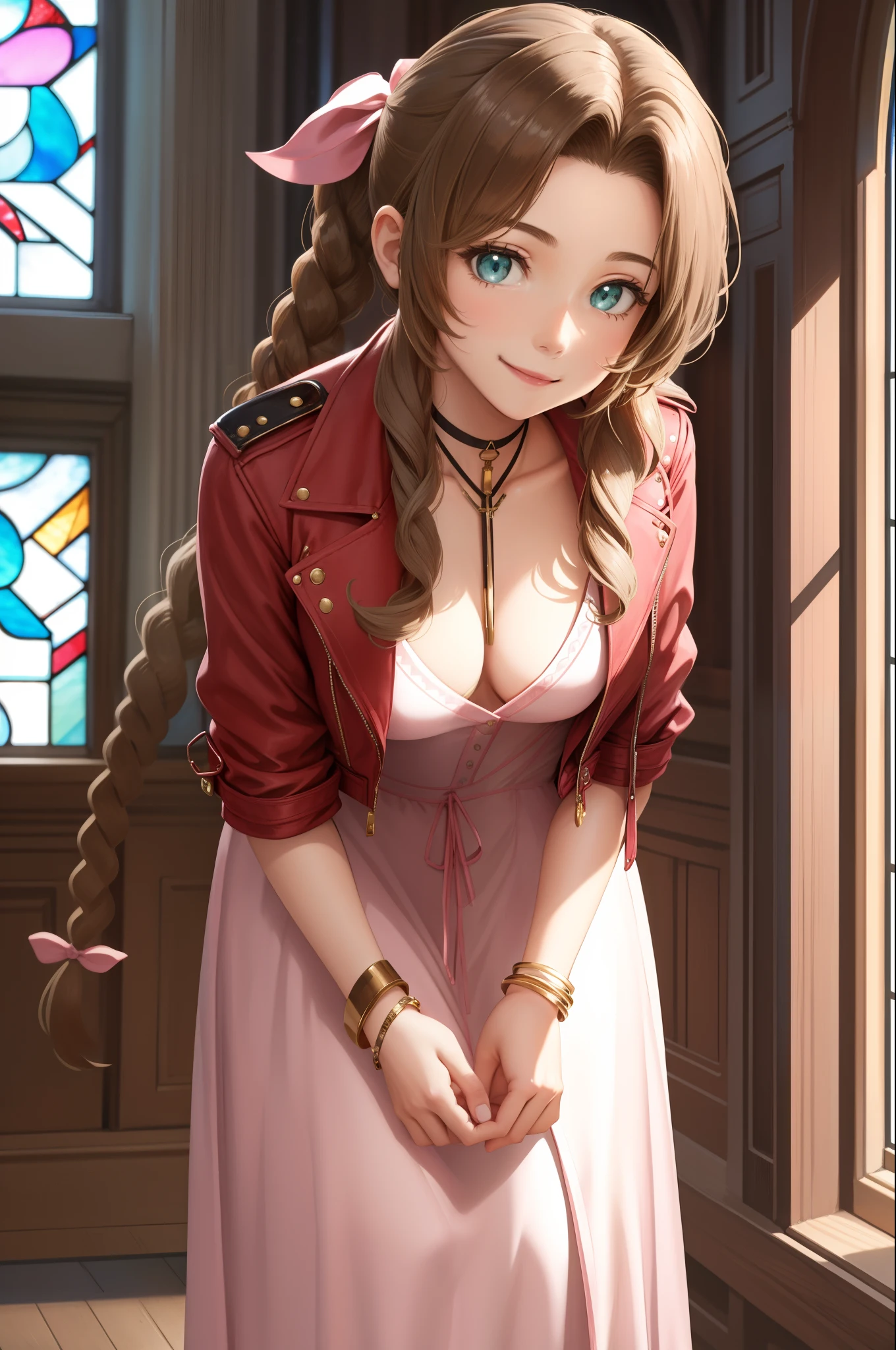 masterpiece, best quality, aerith gainsborough, choker, cropped jacket, hair bow, bracelet, pink dress, looking at viewer, leaning forward, smile, closed mouth, indoors, stained glass window