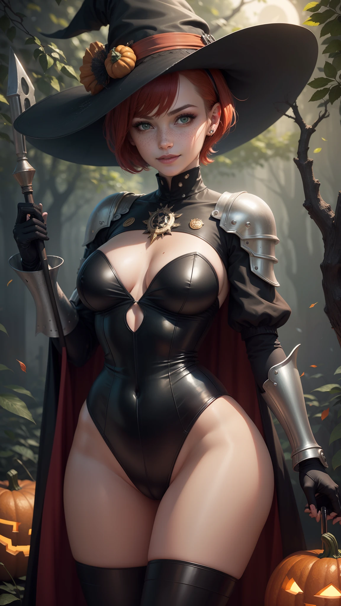 gwen tennyson,tracer,rebecca chambers, yorha 2b,atelier ryza,nier automata,1girl, close up,mecha pilot,tattoos,halloween forest,golden and red plugsuit,pirate corset,silver long sleeve lycra top,fishnet leggings,short hair,cute makeup, green eyes,red and gold hair,shy smile, freckles,redhead,beautiful girl,large breasts,ultra detailed,realistic,fantasy art, short flared skirt,steel armor,halloween pumpkin,moonlight,witch cloak,neck and head jewelry,witch hat,magic wand,