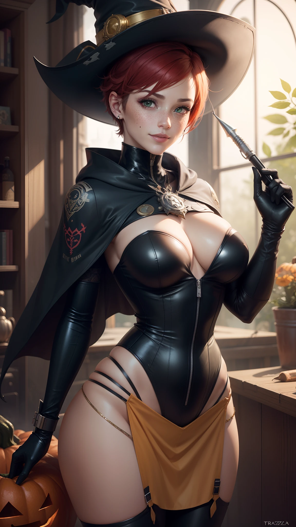 gwen tennyson,tracer,rebecca chambers, yorha 2b,atelier ryza,nier automata,1girl, close up,mecha pilot,tattoos,halloween forest,golden and red plugsuit,pirate corset,silver long sleeve lycra top,fishnet leggings,short hair,cute makeup, green eyes,red and gold hair,shy smile, freckles,redhead,beautiful girl,large breasts,ultra detailed,realistic,fantasy art, short flared skirt,steel armor,halloween pumpkin,moonlight,witch cloak,neck and head jewelry,witch hat,magic wand,