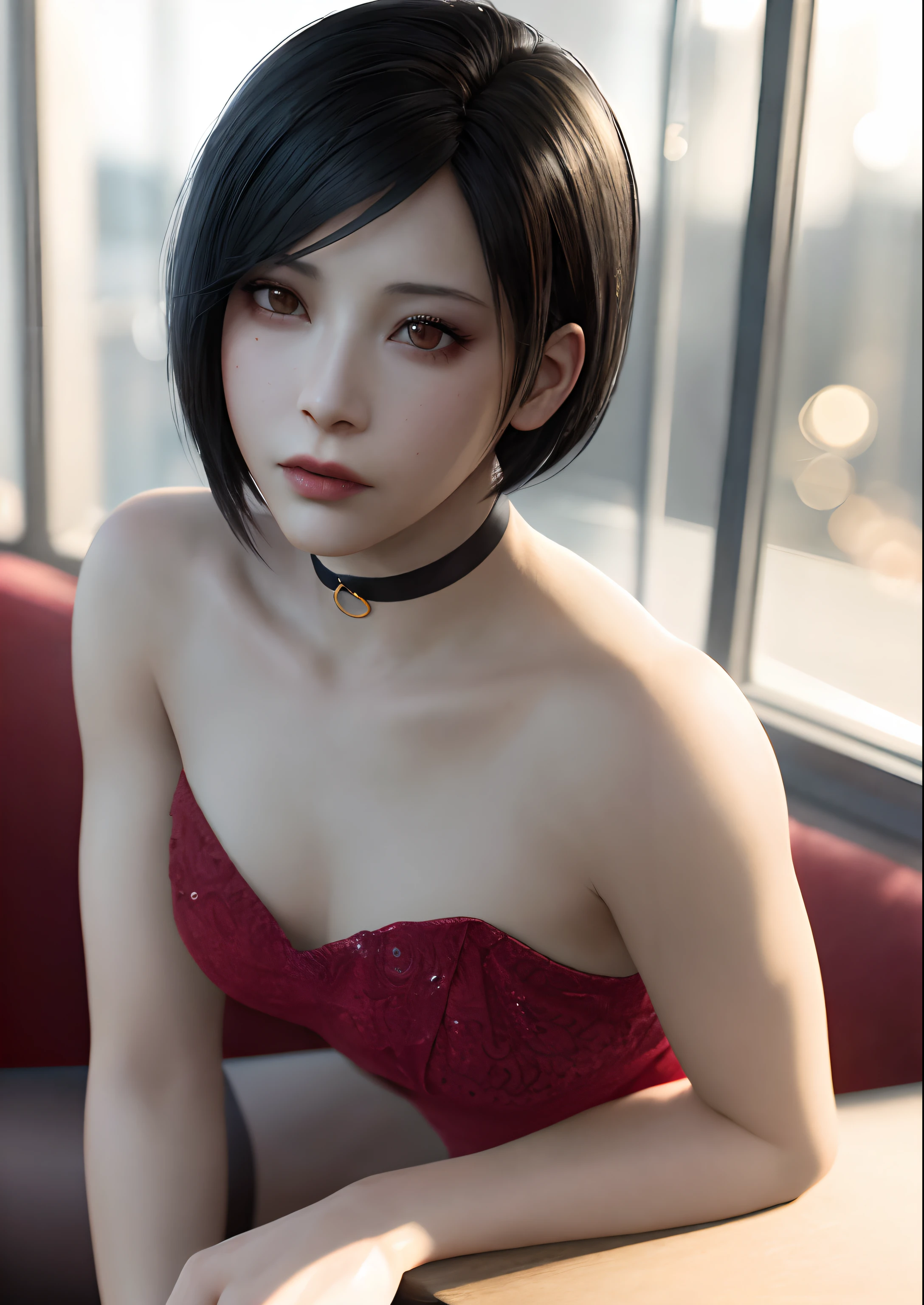 1girl, ((portrait)) of beautiful ADAWONG, looking at viewer, black hair, short hair, ((red dress)), black choker, transparent black stocking, side slit, blush, blotchy makeup, trending on Artstation, ada, realistic, athletic night, highly detailed skin, warm skin tone, ((frowning)), ((pouting)) highly detailed face, highly detailed pupils, highly detailed iris, RAW photo, best quality, high resolution, ((masterpiece)), tonemapping, photorealistic, realistic, professional photography, sharp focus, HDR, 8K resolution, intricate detail, sophisticated detail, hyper detailed, (depth of field), highlight and shadow, volumetric lighting, golden hours lighting, professional light, ,inside a cafe, beside a window, highly detailed background, bokeh, sfw,