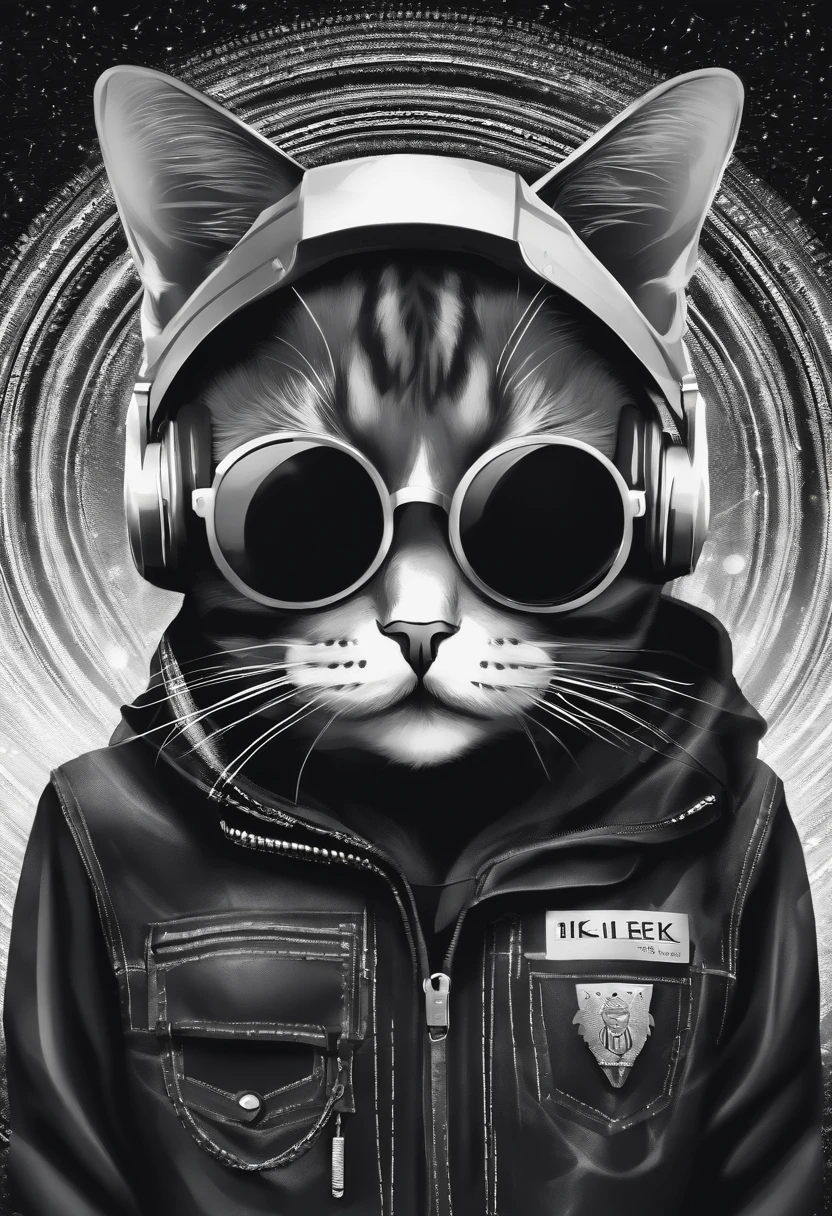 top-quality、One Cat Perfect Centering, Black and white bee pattern cat, Wear a student jacket, Wearing sunglasses, Wearing headphones, Standing position, Abstract beauty, Centered, Looking at the camera, Facing the camera, Approaching perfection, Dynamic, Moonlight, Highly detailed, Digital Painting, art stations, concept-art,foco nítido, 8K, hight resolution, Illustration,