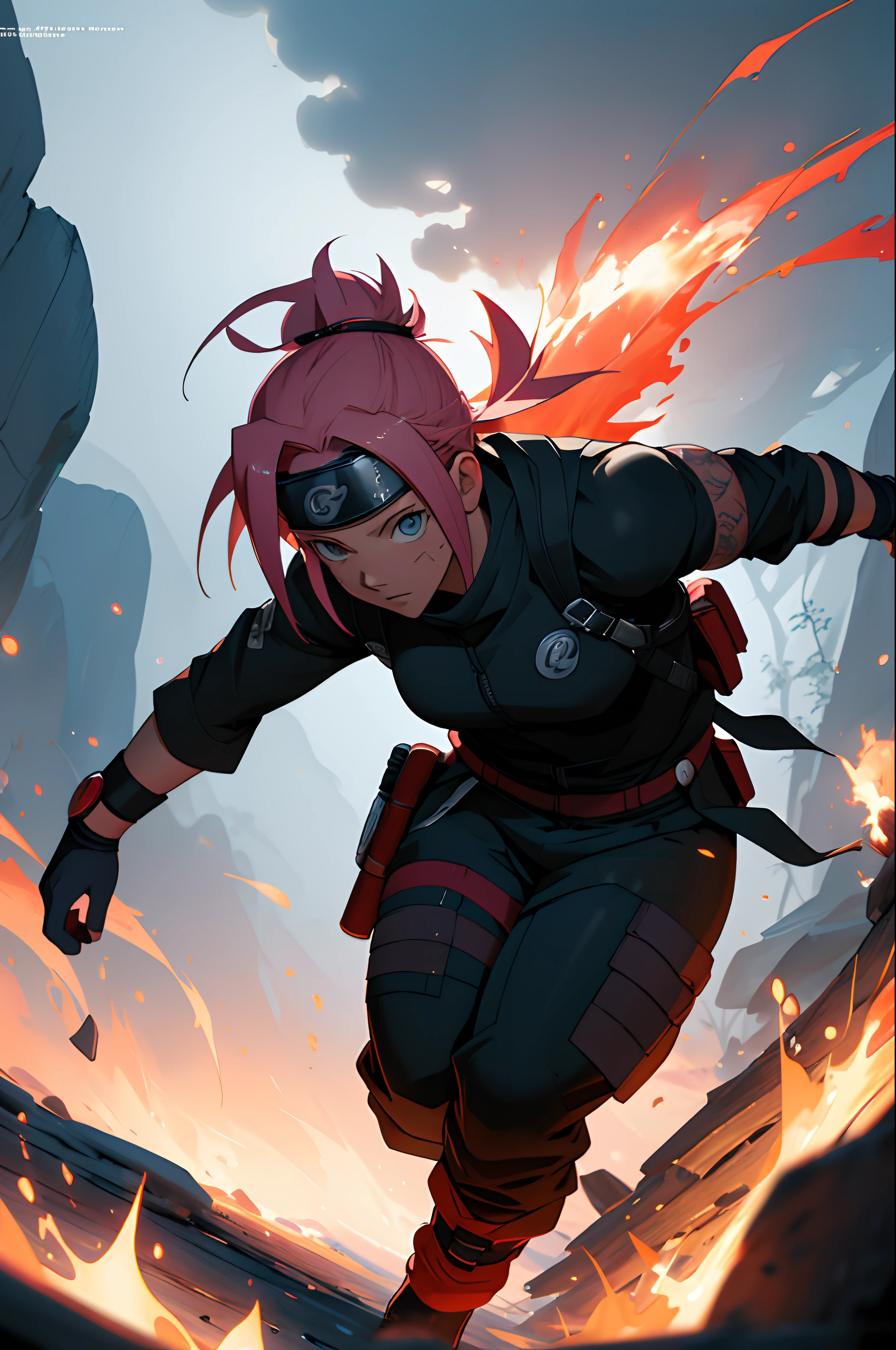 Ralf body, ultra detailed portrait of caractere Sakura Haruno, high quality cell shaded illustration in Naruto Shippuden producted by Shonen Jump, style by Masashi Kishimoto in Naruto Shippuden, into the smoke in the battlefield, perfect eyes, full body, (dynamic and expressive pose), perfect anatomy, centered, freedom, soul, approach to perfection, cell shading, 4k , cinematic dramatic atmosphere, oil painting, global illumination, detailed and intricate environment, artstation, concept art, fluid and sharp focus, volumetric lighting, cinematic lighting