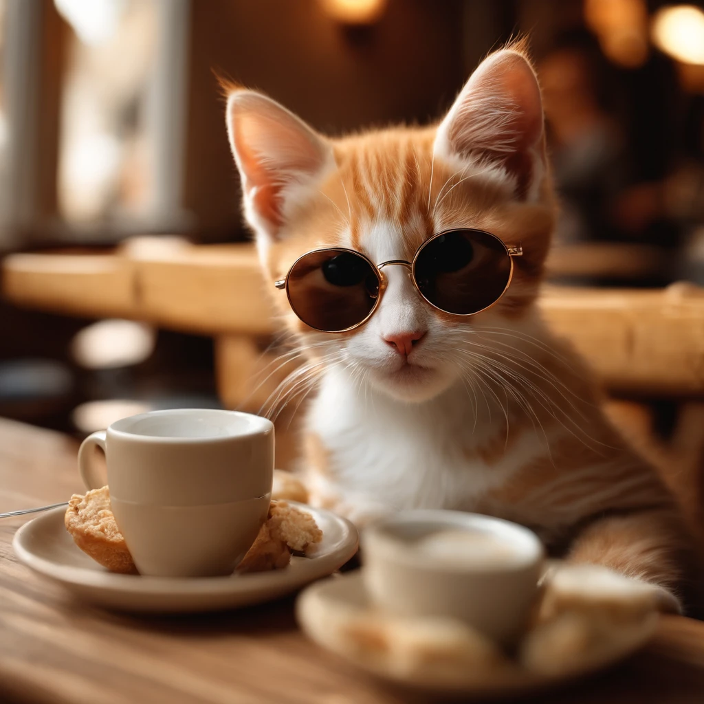 Perfect centering, Three Kittens , Red-haired kitten, White Kitten, black kitten, Cute kittens, Put on your jacket, wearing sunglasses, wearing headphones, cheerfulness, Sitting position at a café table, Falafel and hummus on the table, abstract beauty, centered, looking at the camera, facing the camera, approaching perfection, dynamic, Highly detailed, Smooth, sharp-focus, 8K
