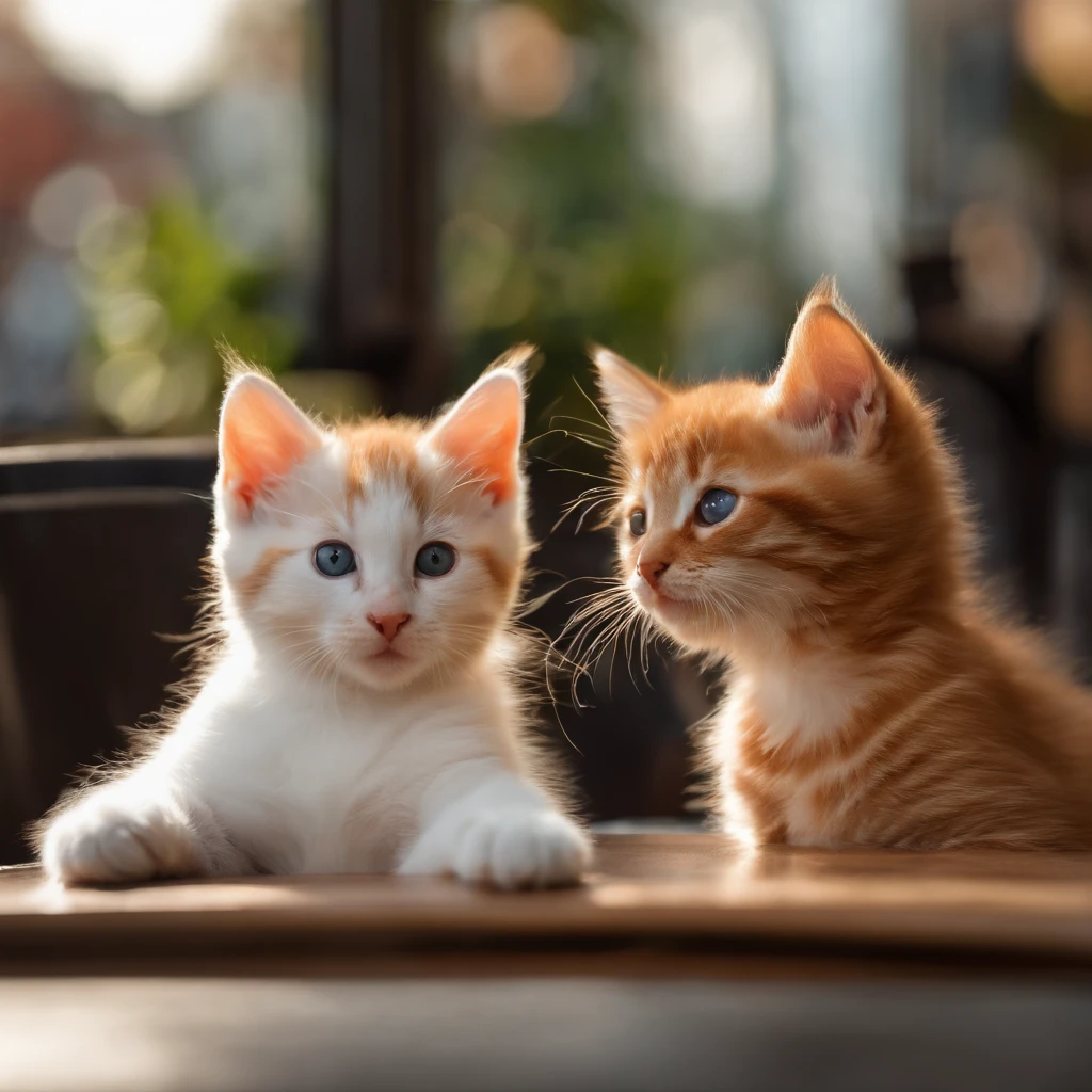 Perfect centering, Three Kittens , Red-haired kitten, White Kitten, black kitten, Cute kittens, Put on your jacket, wearing sunglasses, wearing headphones, cheerfulness, Sitting position at a café table, Falafel and hummus on the table, abstract beauty, centered, looking at the camera, facing the camera, approaching perfection, dynamic, Highly detailed, Smooth, sharp-focus, 8K