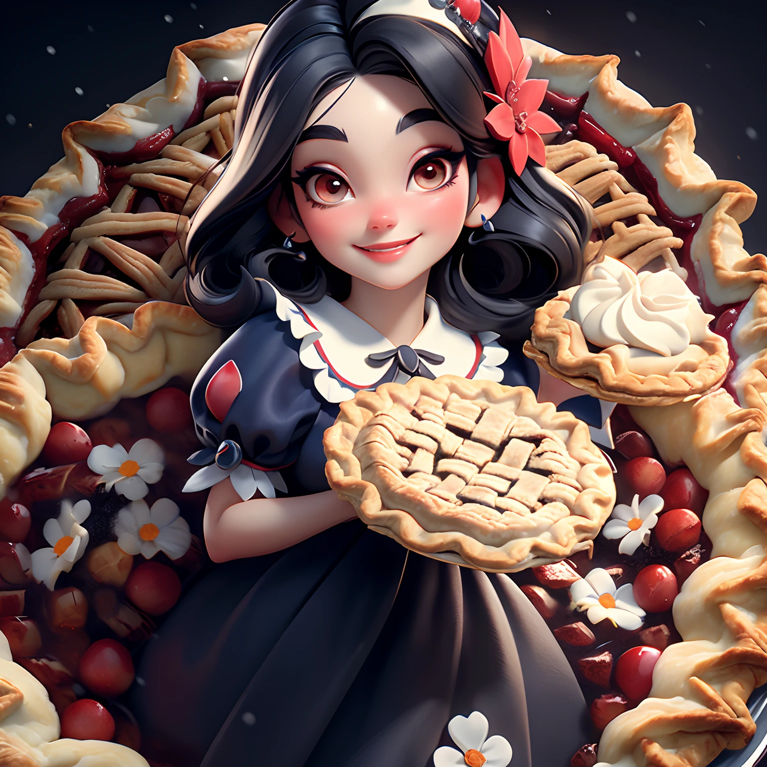 masterpiece, best quality, detailed face, bright eyes, detailed nose, a close up of snow white, smiling, black hair, red diadem, blue dress, eating an apple (((pie))),