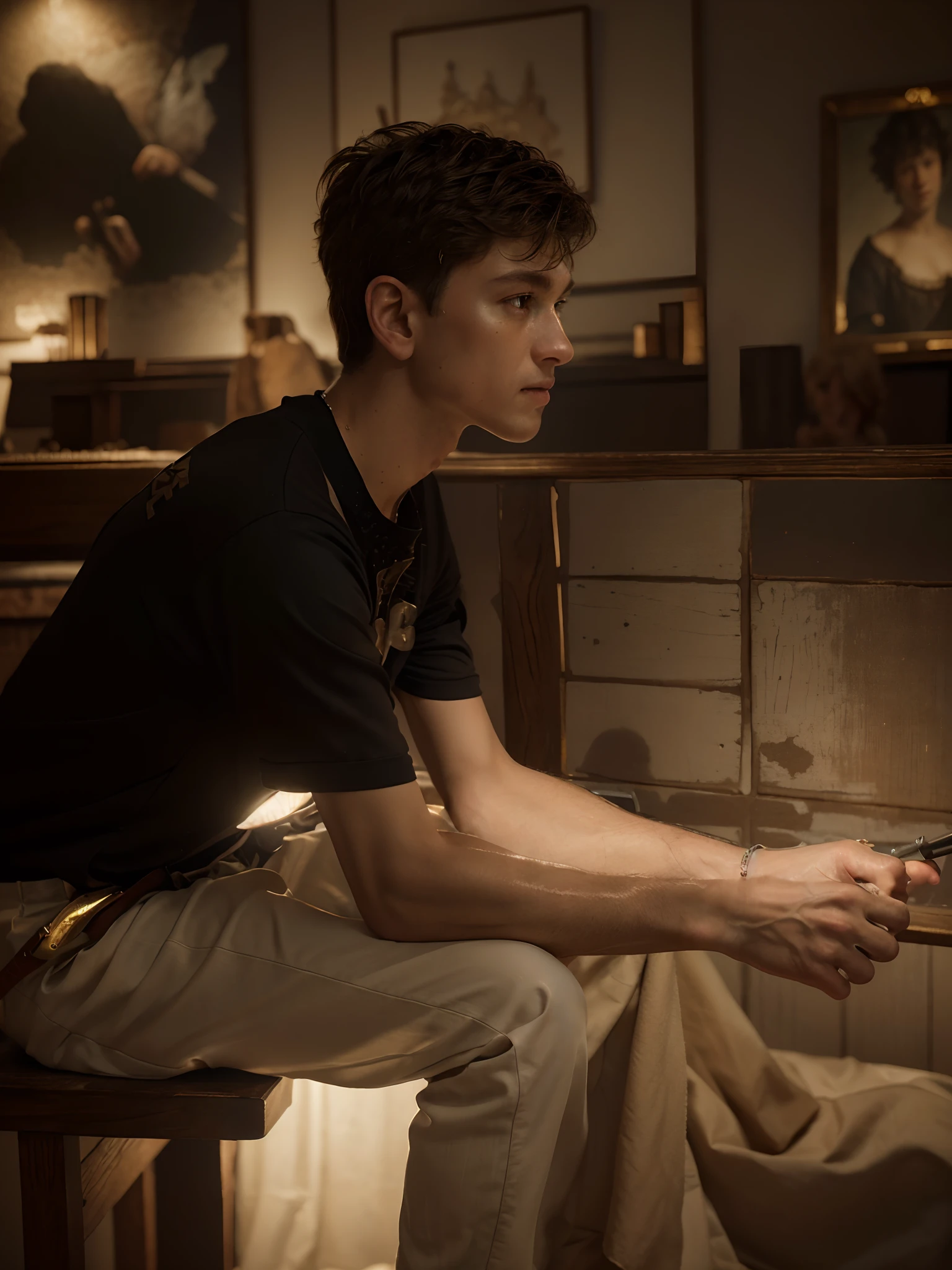 A beautiful young male twink, cute, with black hair and a face with makeup, wearing a bright white long-sleeved shirt and aqua blue pants, and he is in his office, and behind him is a blackboard on which is written the shape of the brain and its anatomy, and nuclear energy comes out of it, and he has a face with makeup and and.  His eyes have dark circles under them while he is sitting, looking innocent, with a beautiful face with makeup and a neuroscience book in his hand