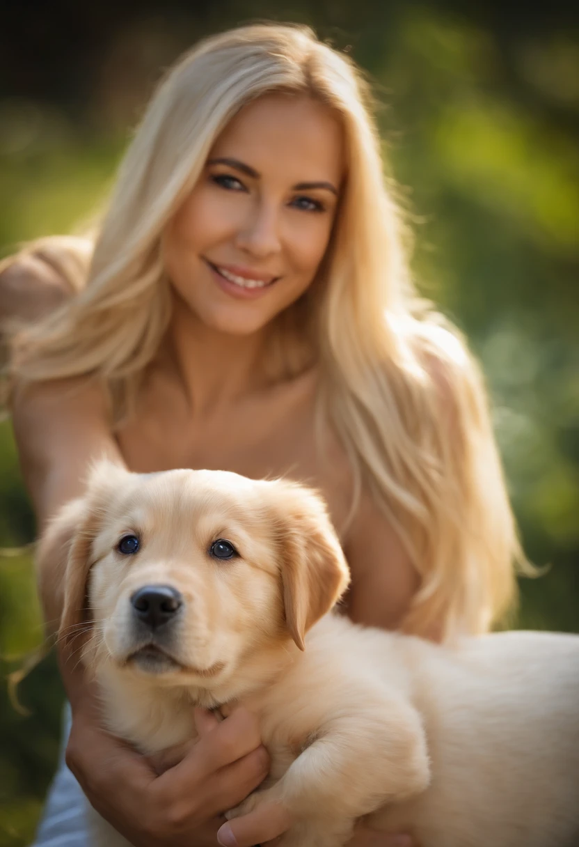 Blonde pretty woman, Einen Golden Retriever-Welpen im Arm