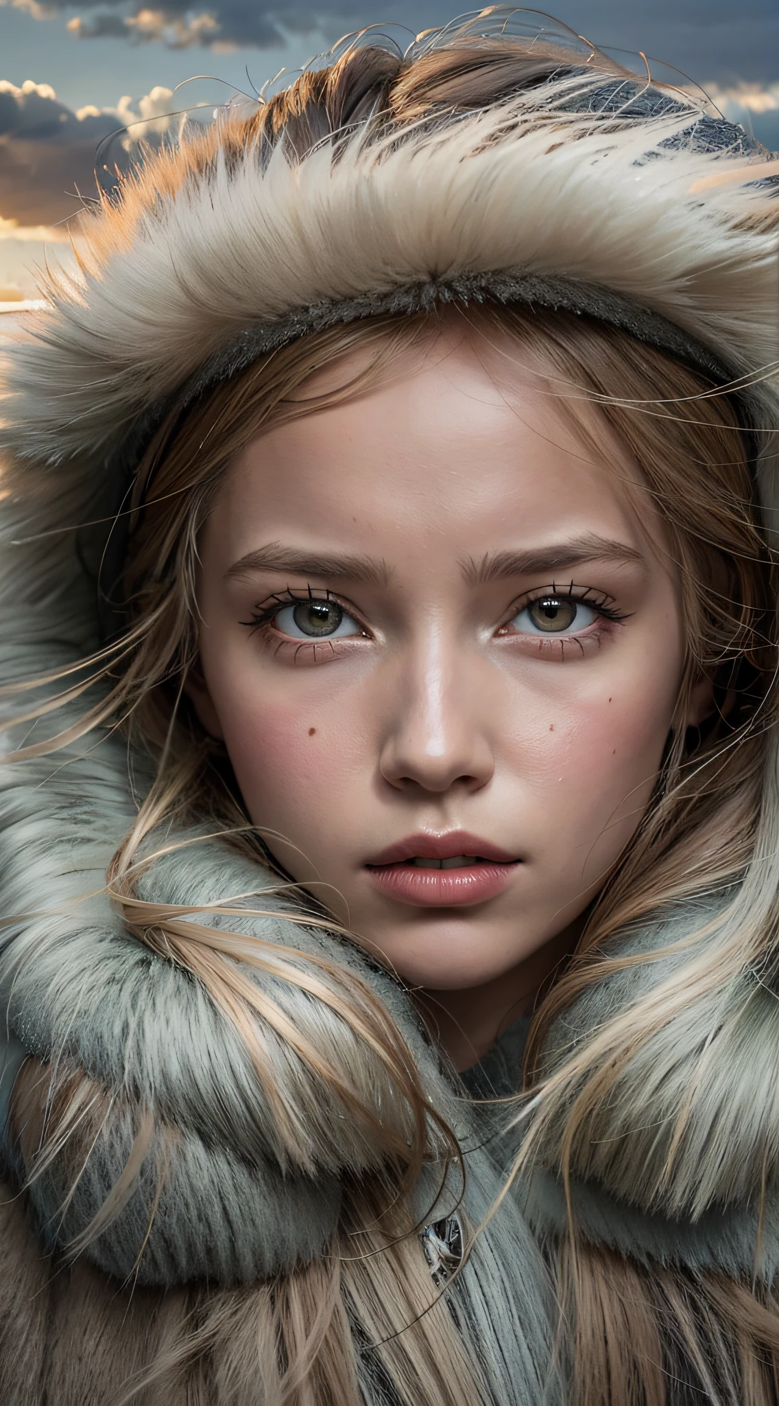 A girl, Norwegian Fur Coat, Masterpiece, Against the backdrop of the North Sea, early morning, hyper realisitc, Lene Egeli, real-photo, portraite of a