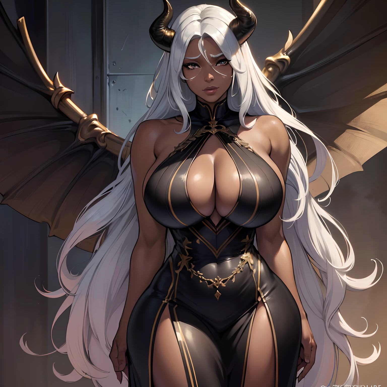 (best quality,4k,8k,highres,masterpiece:1.2), ultra-detailed, (realistic,photorealistic,photo-realistic:1.37), mature ebony-skinned female with long flowing silver hair, wearing a gilded form-fitting dress, curvy, thicc, has large black demon wings, has demonic horns, alluring gaze, portraits
