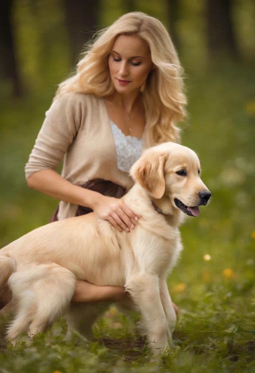 Blonde pretty woman, Einen Golden Retriever-Welpen im Arm