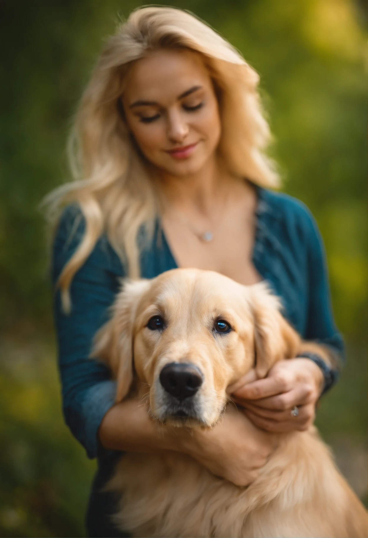 Blonde pretty woman, Einen Golden Retriever-Welpen im Arm