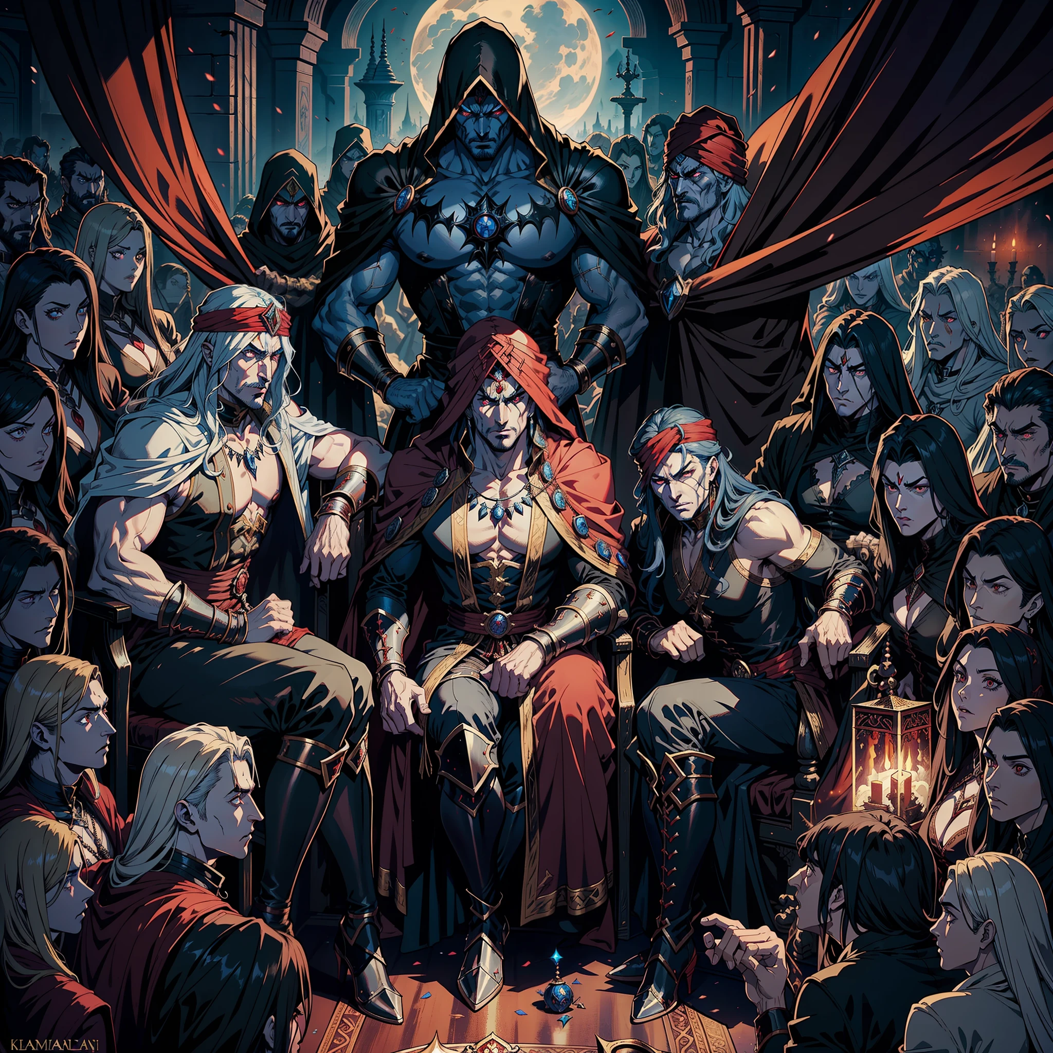 Castlevania Hyper Realistic Shadow Lord Super Detailed Dynamic Shot Master Piece of Lord Dracula Moroccan Medieval Arab Warrior with Red Turban Scary Face Hokuto No Ken Structure Muscular Face Kenshiro Sitting in His Legendary Moroccan Throne Surrounded by Demons and 7 Scary Cinematic Demons Epic Movie Hyper Realistic Movie Legendary Movie Epic Movie Epic Movie Epic Movie Enlarged Movie 3D Movie View Lower Angle