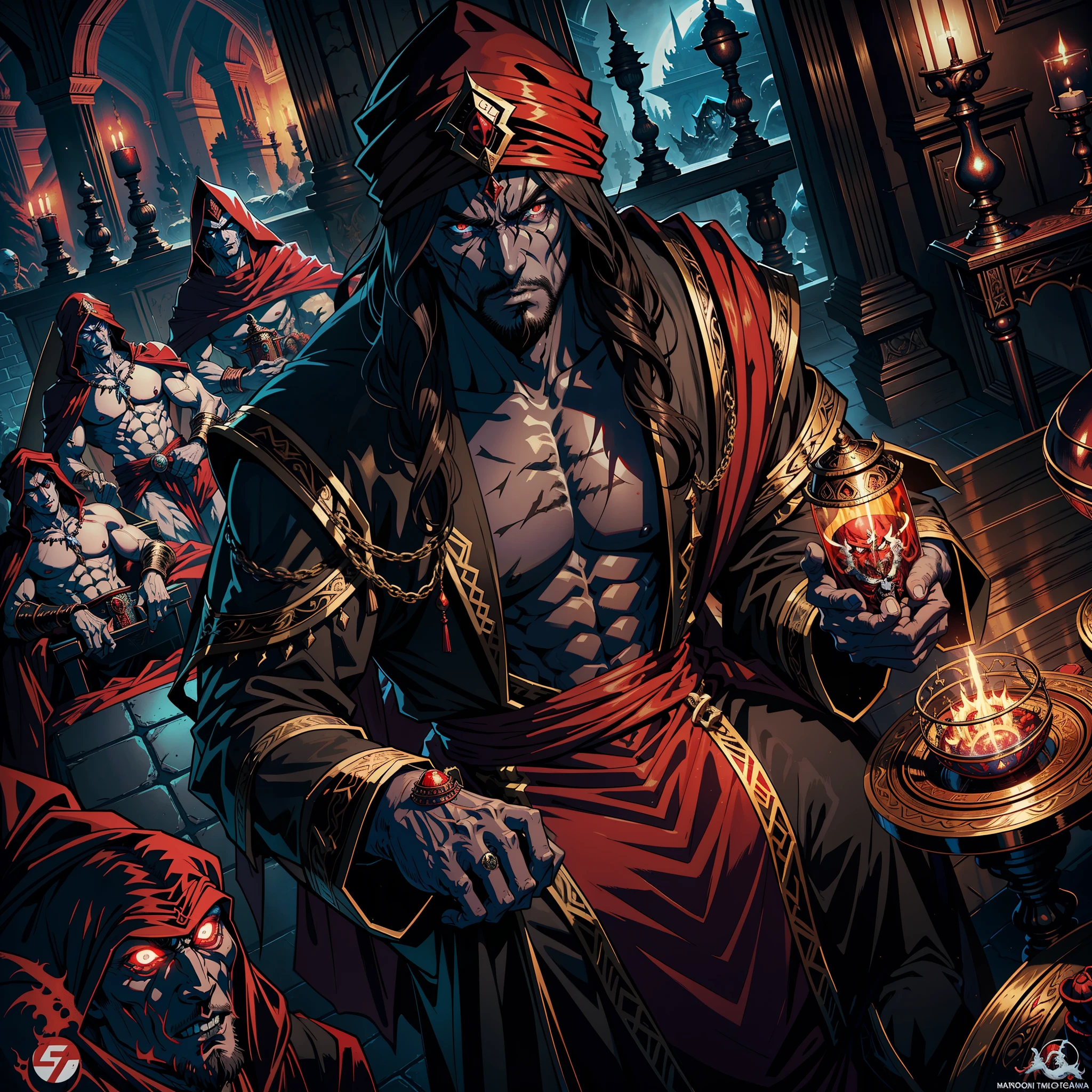 Castlevania Hyper Realistic Shadow Lord Super Detailed Dynamic Shot Master Piece of Lord Dracula Moroccan Medieval Arab Warrior with Red Turban Scary Face Hokuto No Ken Structure Muscular Face Kenshiro Sitting in His Legendary Moroccan Throne Surrounded by Demons and 7 Scary Cinematic Demons Epic Movie Hyper Realistic Movie Legendary Movie Epic Movie Epic Movie Epic Movie Enlarged Movie 3D Movie View Lower Angle