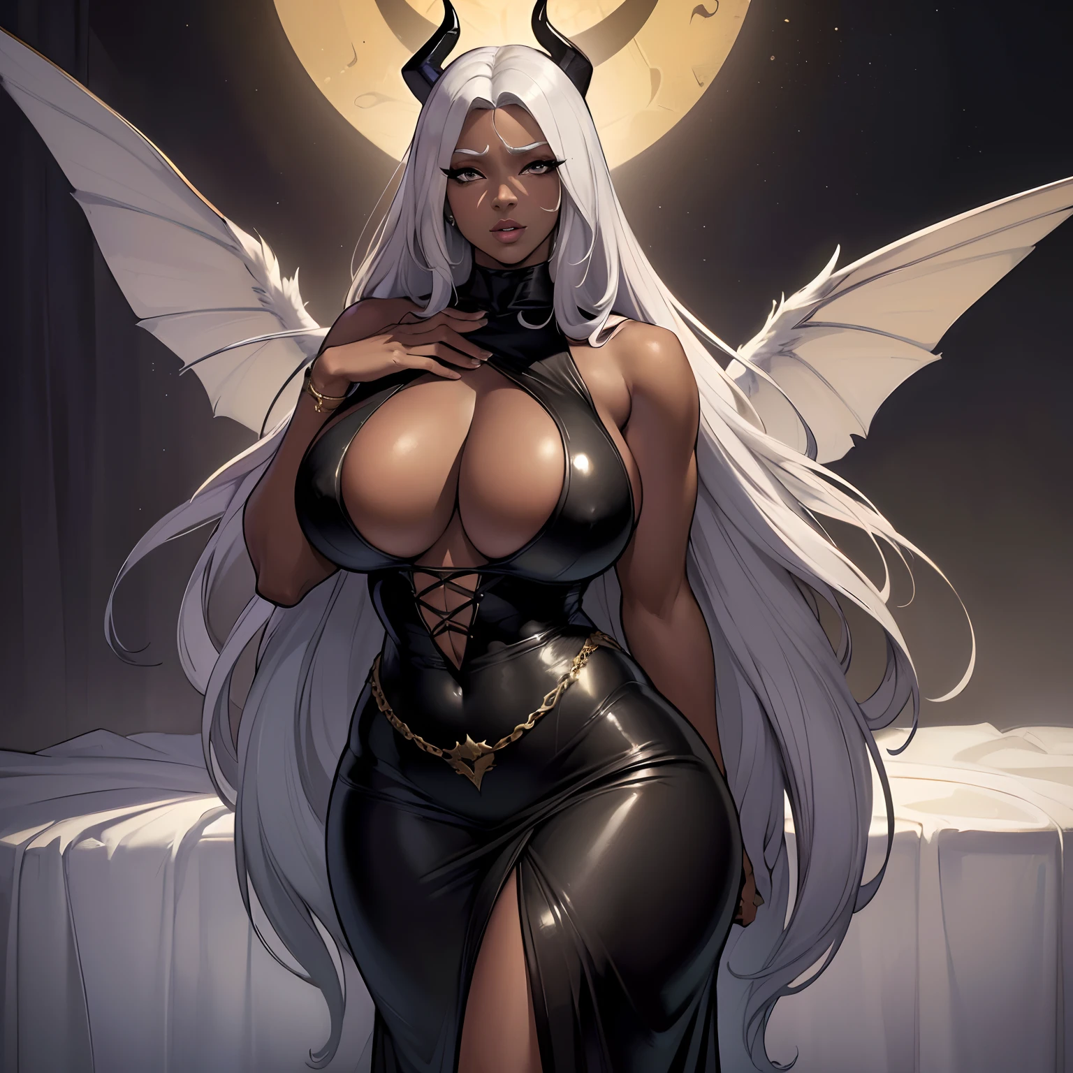 (best quality,4k,8k,highres,masterpiece:1.2), ultra-detailed, (realistic,photorealistic,photo-realistic:1.37), mature ebony-skinned female with long flowing silver hair, wearing a gilded form-fitting dress, curvy, thicc, has large black demon wings, has demonic horns, alluring gaze, portraits