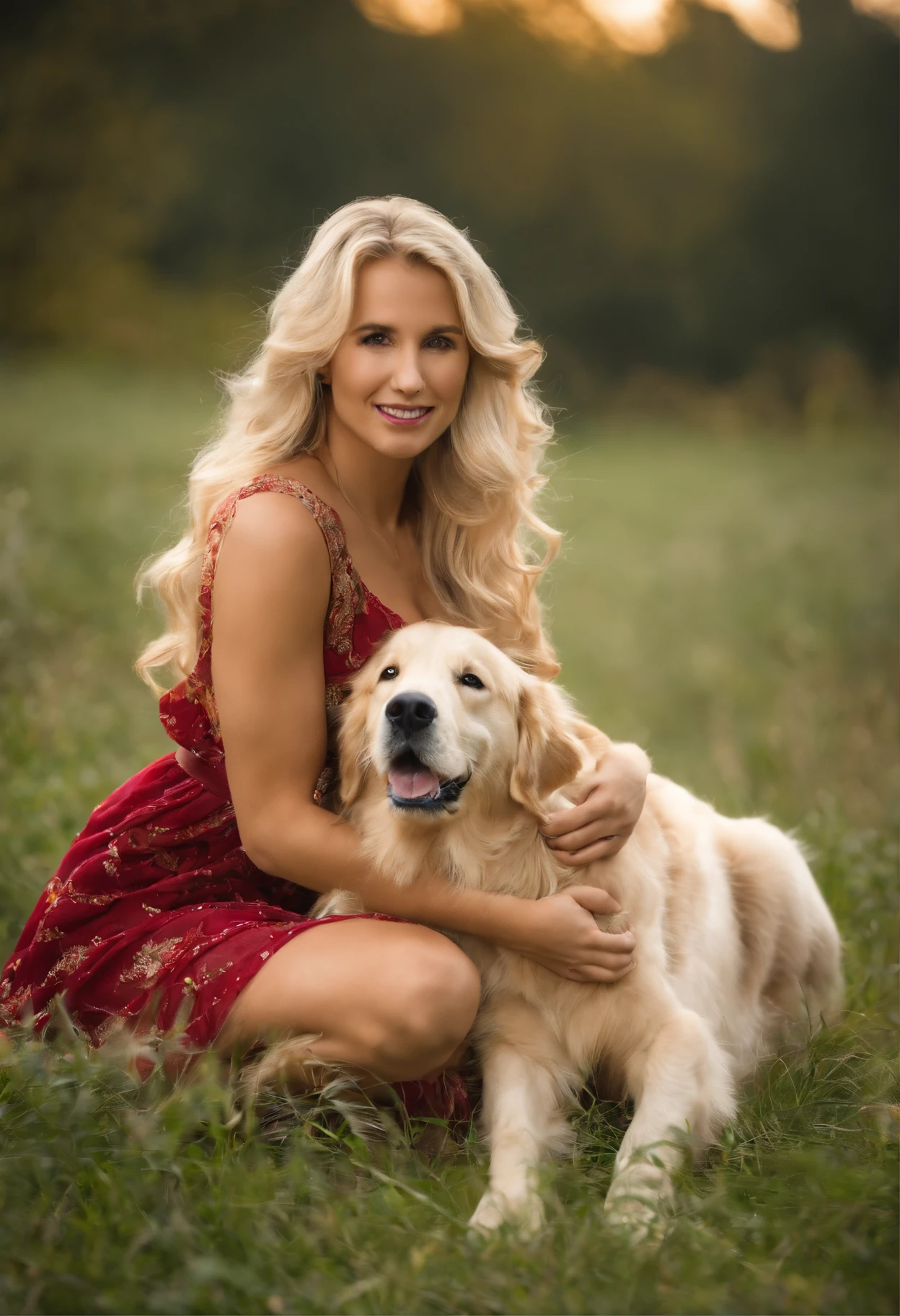 Blonde pretty woman, Einen Golden Retriever-Welpen im Arm