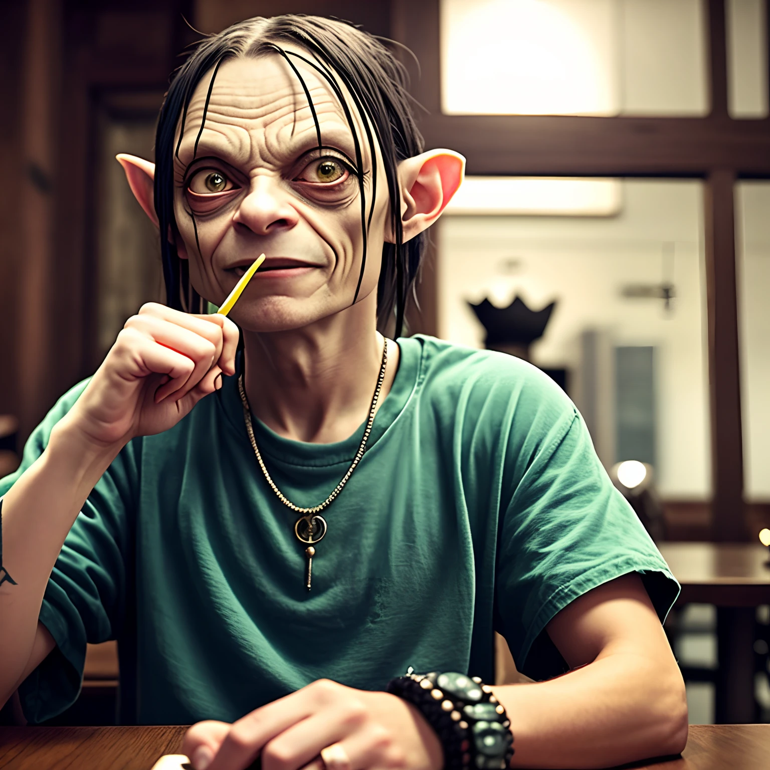 Gollum as a gangsta, flipping the bird with the ring of power on, sitting in a restaurant, wearing baggy urban clothes, with a grill on his teeth