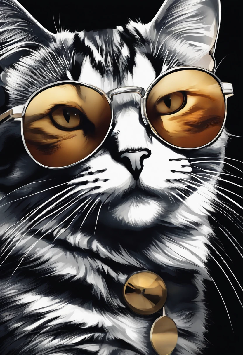 top-quality、Perfect centering of one cat,  Cat with black and white pattern,, Wearing sunglasses,, Standing position, Centered, Looking at the camera, Highly detailed, Digital Painting, art  stations, concept-art,foco nítido, 8K, hight resolution, Illustration