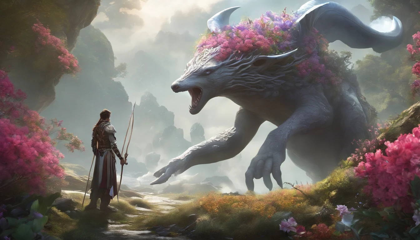 In a peaceful valley of exotic flowers and plants,a lone warrior armed with ancient knowledge and arcane weapons to vanquish a malevolent entity spawned,(white background,color anime style:1.45),filled with Irregular geometric fluid-oil,color planet,splashing nebulae,Giant Immortal Deer head-Whale body-fox tail,malevolent entity made up of a flowers branch and dark black swamp,a shadowy cult summons forth a ghastly entity from the void between dimensions