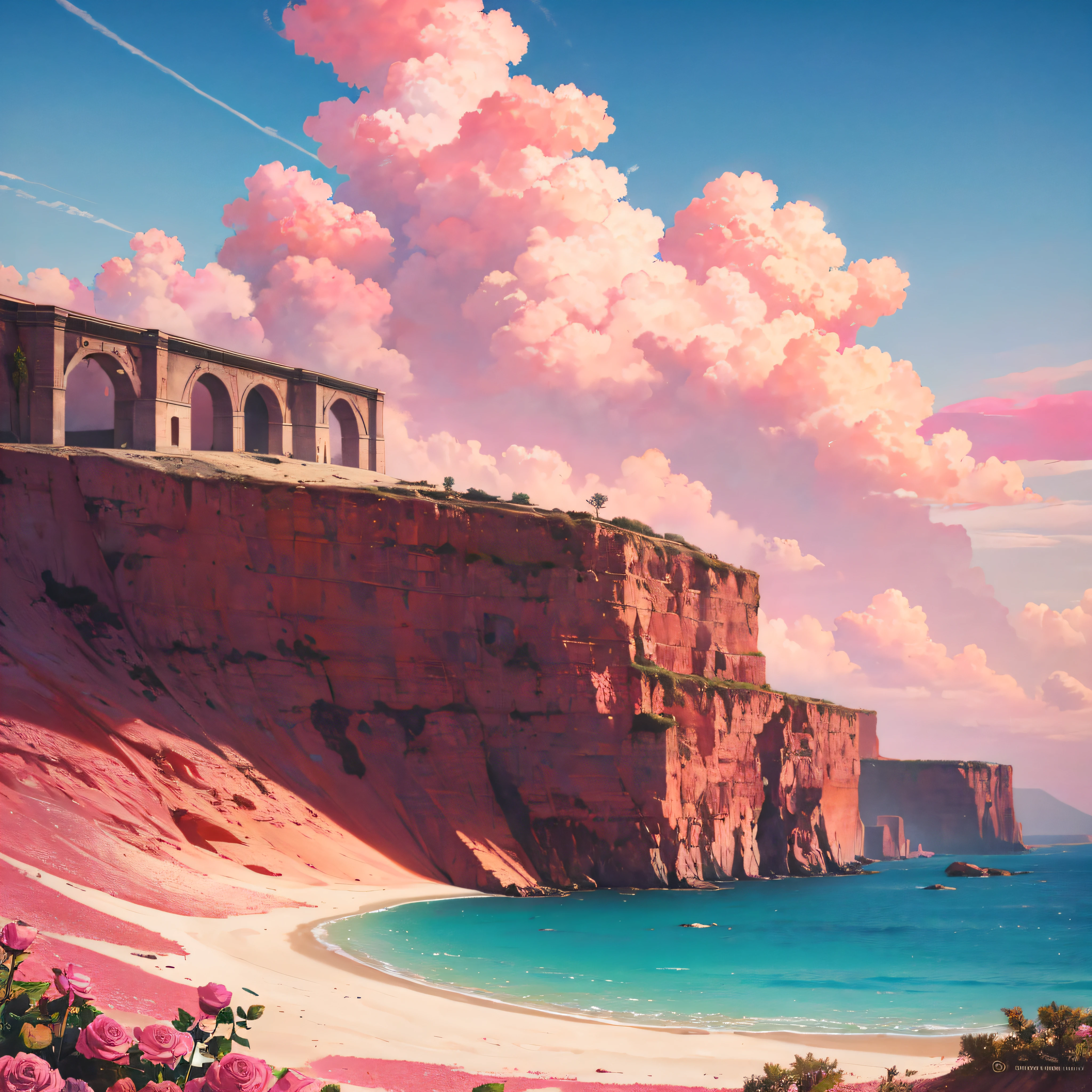 Summer, desert, sea, ((no house)), pink clouds, a land overgrown with roses, James Gurney, art station rendering, ultra-wide lens, high definition