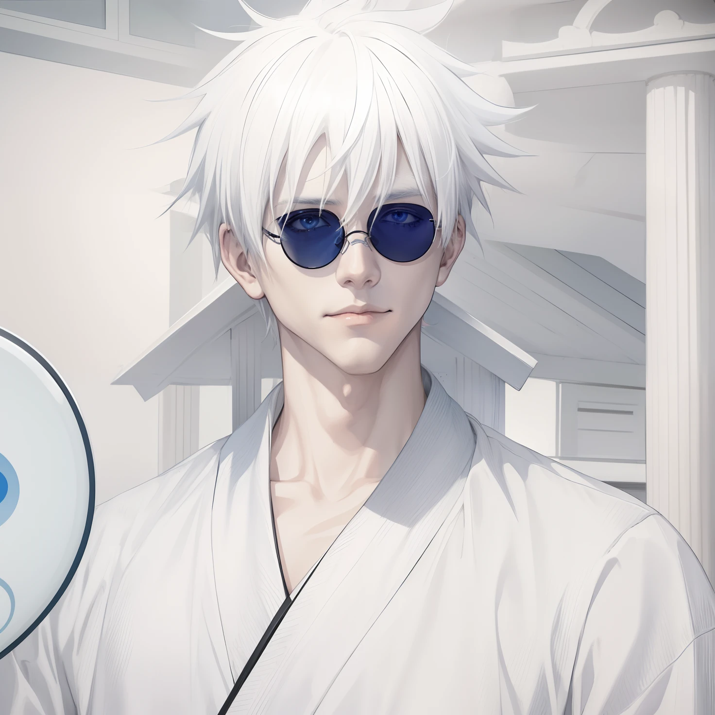 anime image of a man with white hair and sunglasses, white-haired, white haired deity, blue eyes, white haired, gojo satoru, Jujutsu kaisen, gojo satoru, realism art, realistic hair