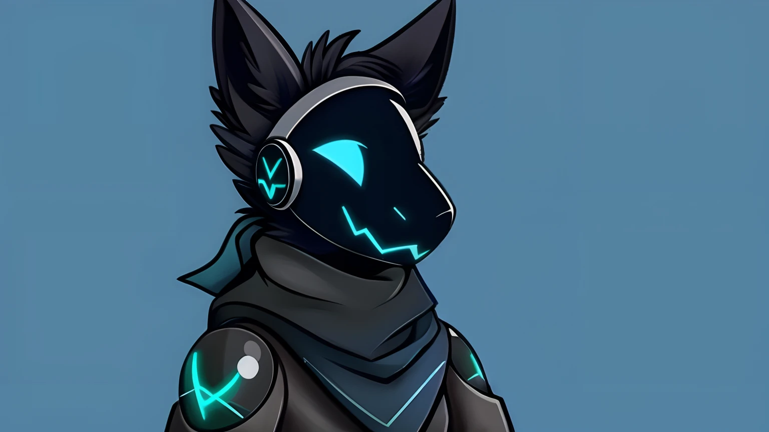 Protogen,pfp, looking at viewer,a little to the side,black fur, dark blue visor, battleworn scarf,solo,pefect pose,bored postion, cartoon, handrawn,black hoodie