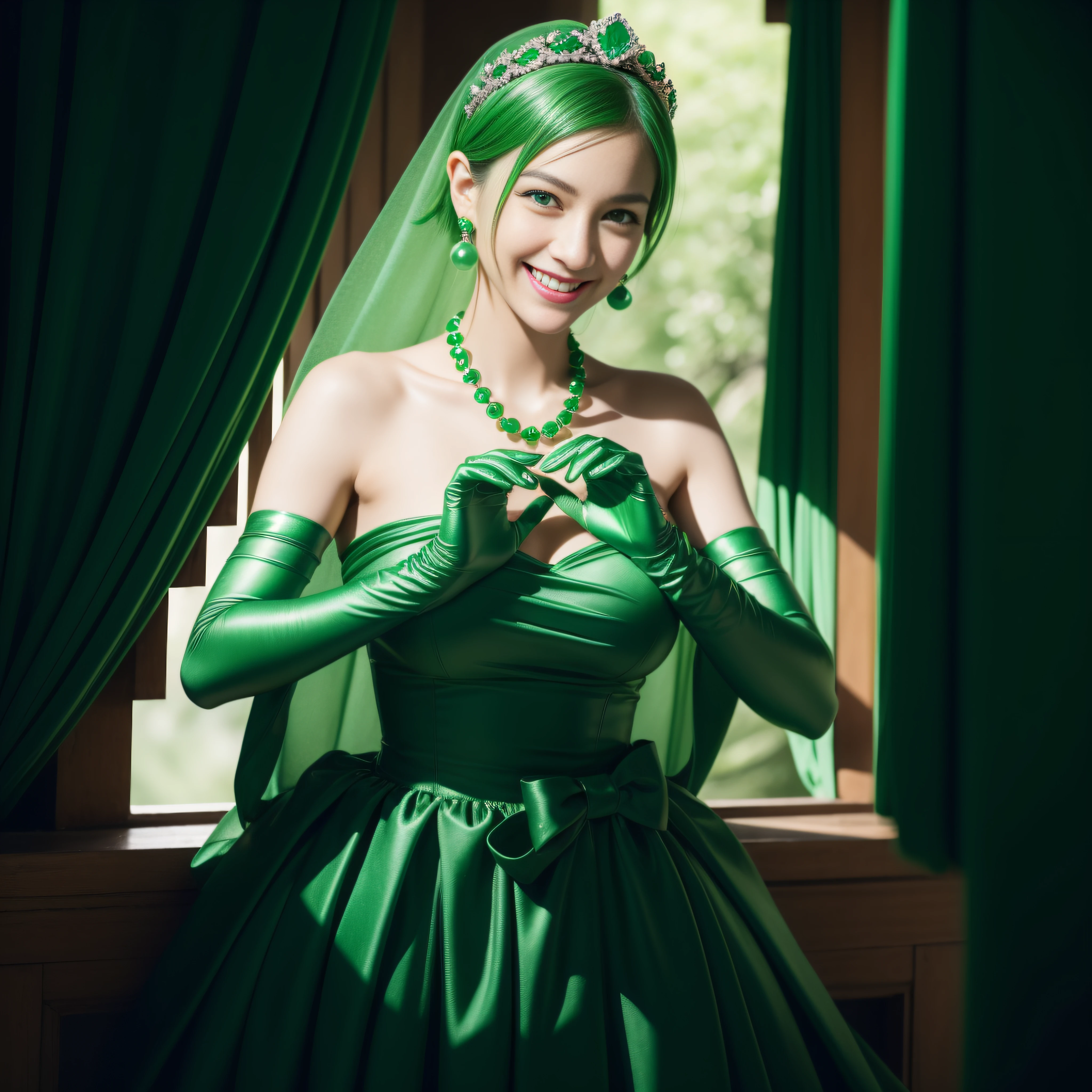 emerald tiara, Green Pearl Necklace, Boyish very short green hair, lipsticks, Japan woman smiling, very short short hair,  big breasts beautiful, Green eyes, Long green gloves made of satin material, Green eyes, Emerald Earrings, green vale, Heart with both hands,Green hair