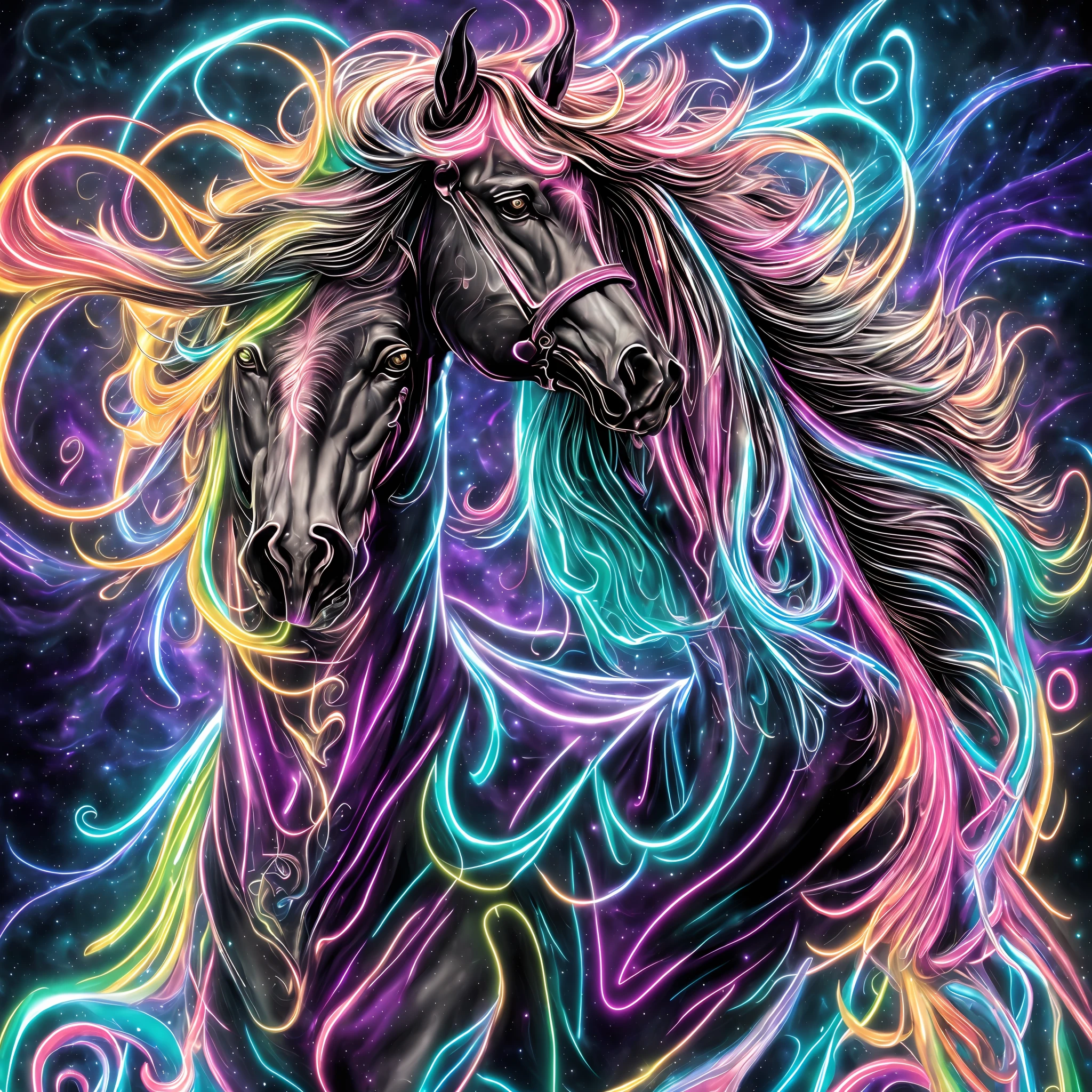 A mystical horseman, surrounded by swirling energy flows, delves into the forgotten expanses of galaxies, embodying dark ages and psychedelia. (best quality, highres, masterpiece:1.2), ultra-detailed, realistic:1.37, HDR, fine art, portraits, vibrant colors, cosmic environment, ethereal atmosphere, mesmerizing light effects