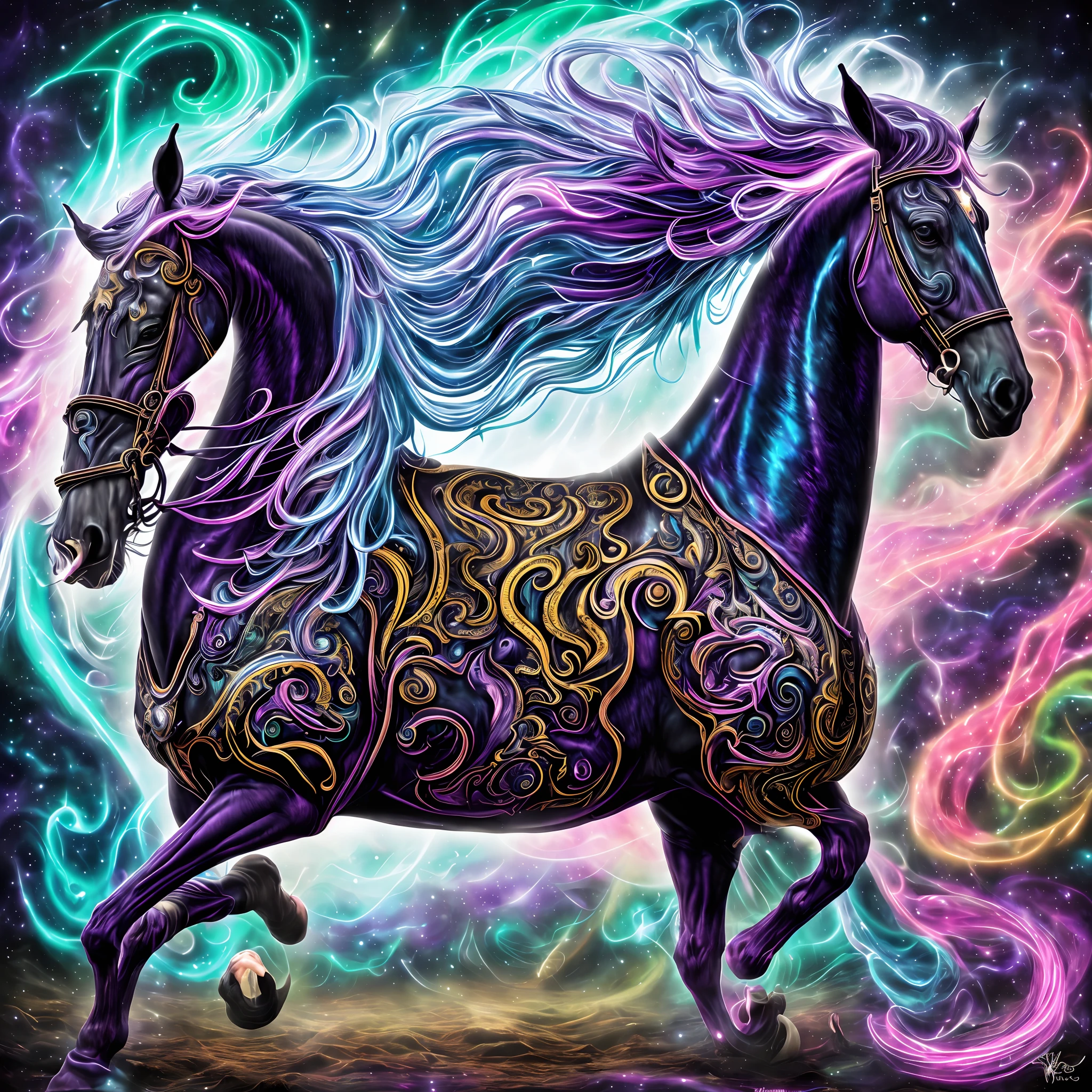A mystical horseman, surrounded by swirling energy flows, delves into the forgotten expanses of galaxies, embodying dark ages and psychedelia. (best quality, highres, masterpiece:1.2), ultra-detailed, realistic:1.37, HDR, fine art, portraits, vibrant colors, cosmic environment, ethereal atmosphere, mesmerizing light effects