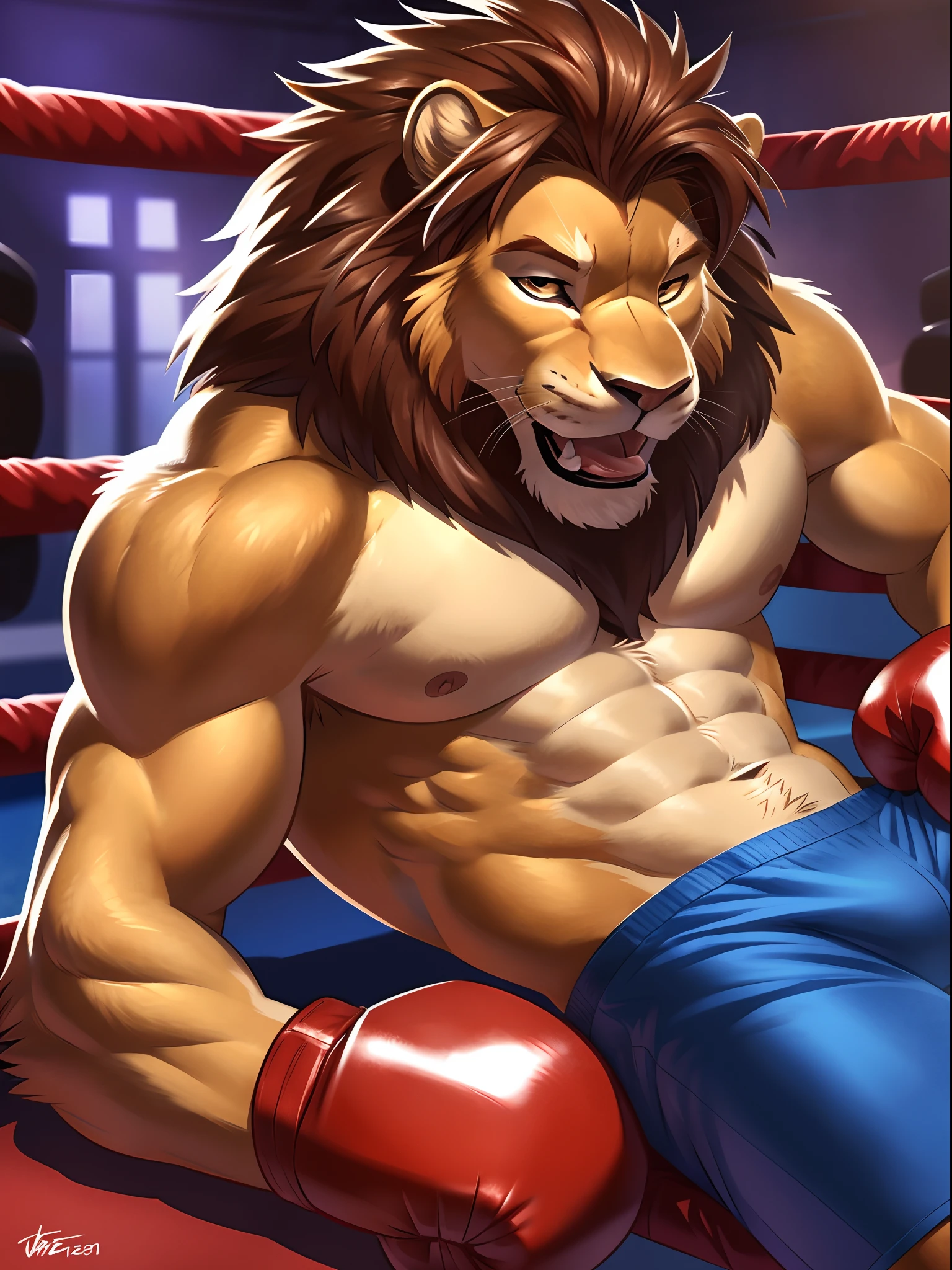 head:1.2 Lora:simba, (head close-up):2.2,  4k, high resolution, best quality, posted on e621, solo, anthro body, male lion, adult, masculine, slim:1.2, correct anatomy, (boxing ring background, gym background), (blurry background, out-of-focus background:1.2), (by wfa:1.0), (by takemoto arashi:1.0), (by Taran Fiddler:0.5), sexy, (cel shaded, cartoony shading:1.2), black lineart, black outline, flat coloring, (strong shadows, dark shadows:1.2), (blue shorts (bulge:0.6), topless, boxing gloves), sexy shadows, lion tail, slim posture, open mouth, sticking out tongue, open:1 eyes, detailed eyes, tilted head, exhausted, wet sweat:1.2,  fallen, (lying on back):1.2, lying on ropes, spreaded legs, spreaded arms