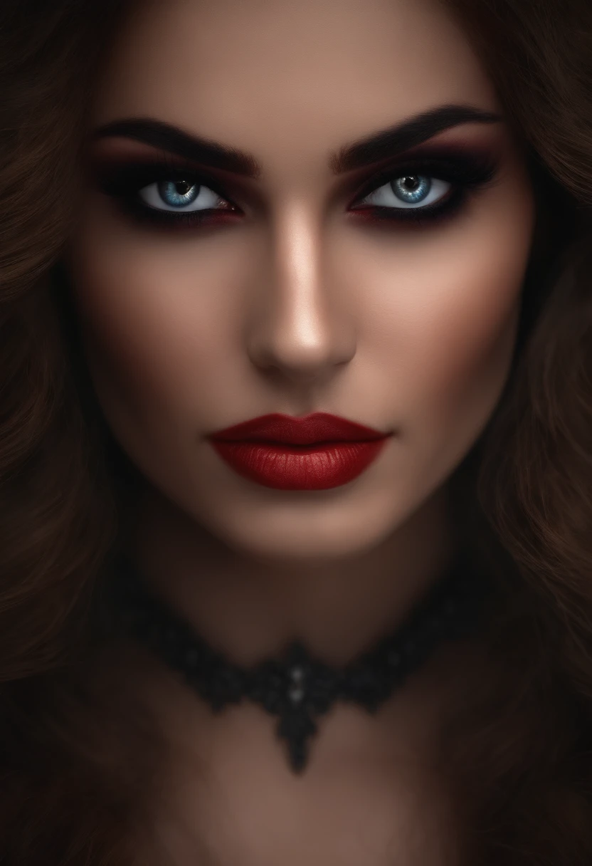 portrait of a kitsune, illustration, nsfw, fantasy, (masterpiece, best quality:1.3), (highly detailed:1.5), UHD, 8K, beautiful, jawline, cheekbones, (red lips, red eyes), brown hair, long hair, collarbone, large breasts, leather cloak, red cloak, hooded, looking at viewer, (amazing background), (depth of field)