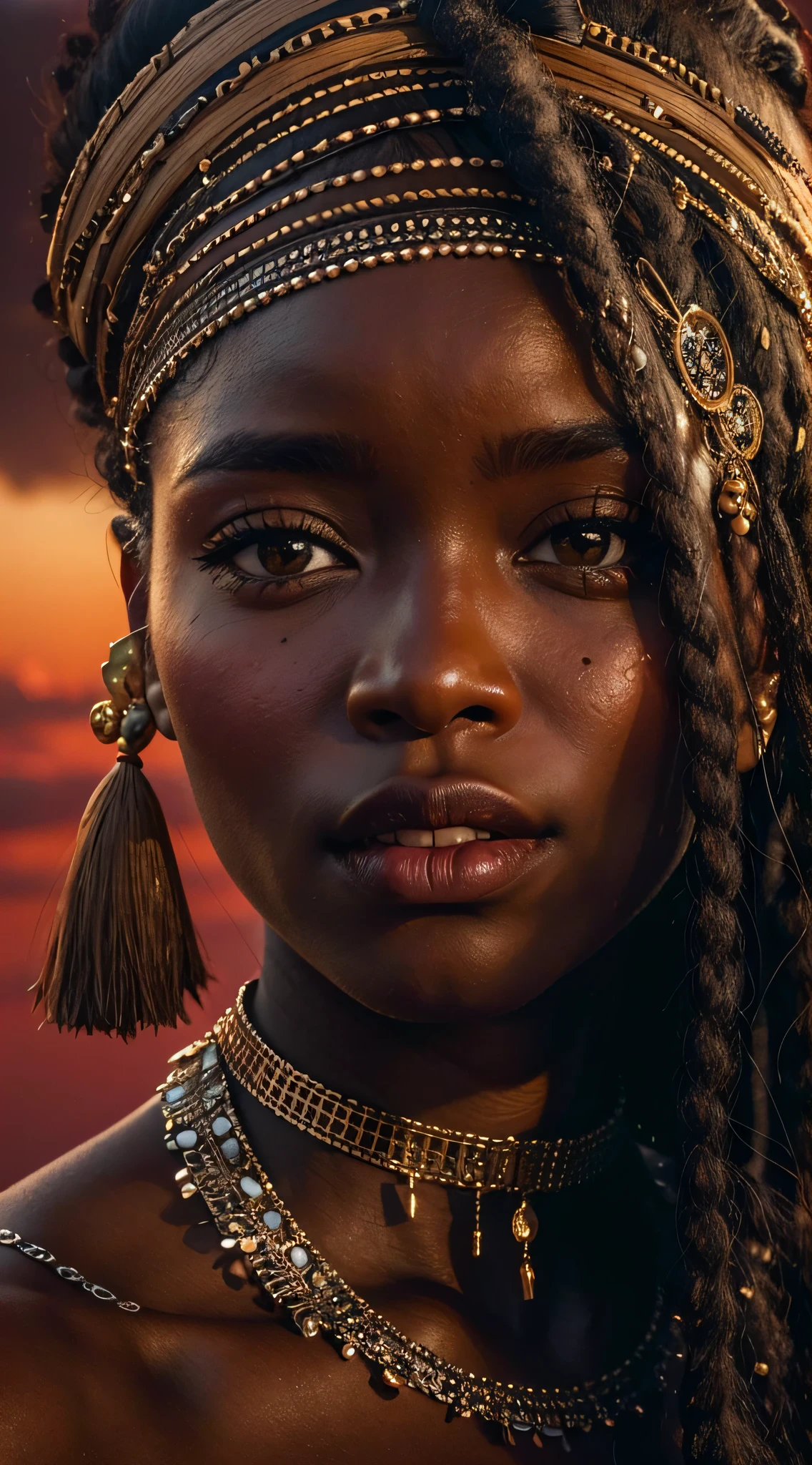 African woman from the tribe, Masterpiece, Against the background of the savannah, Sunset of the hot sun, hyper realisitc, Very black skin, in profile, real-photo, portraite of a