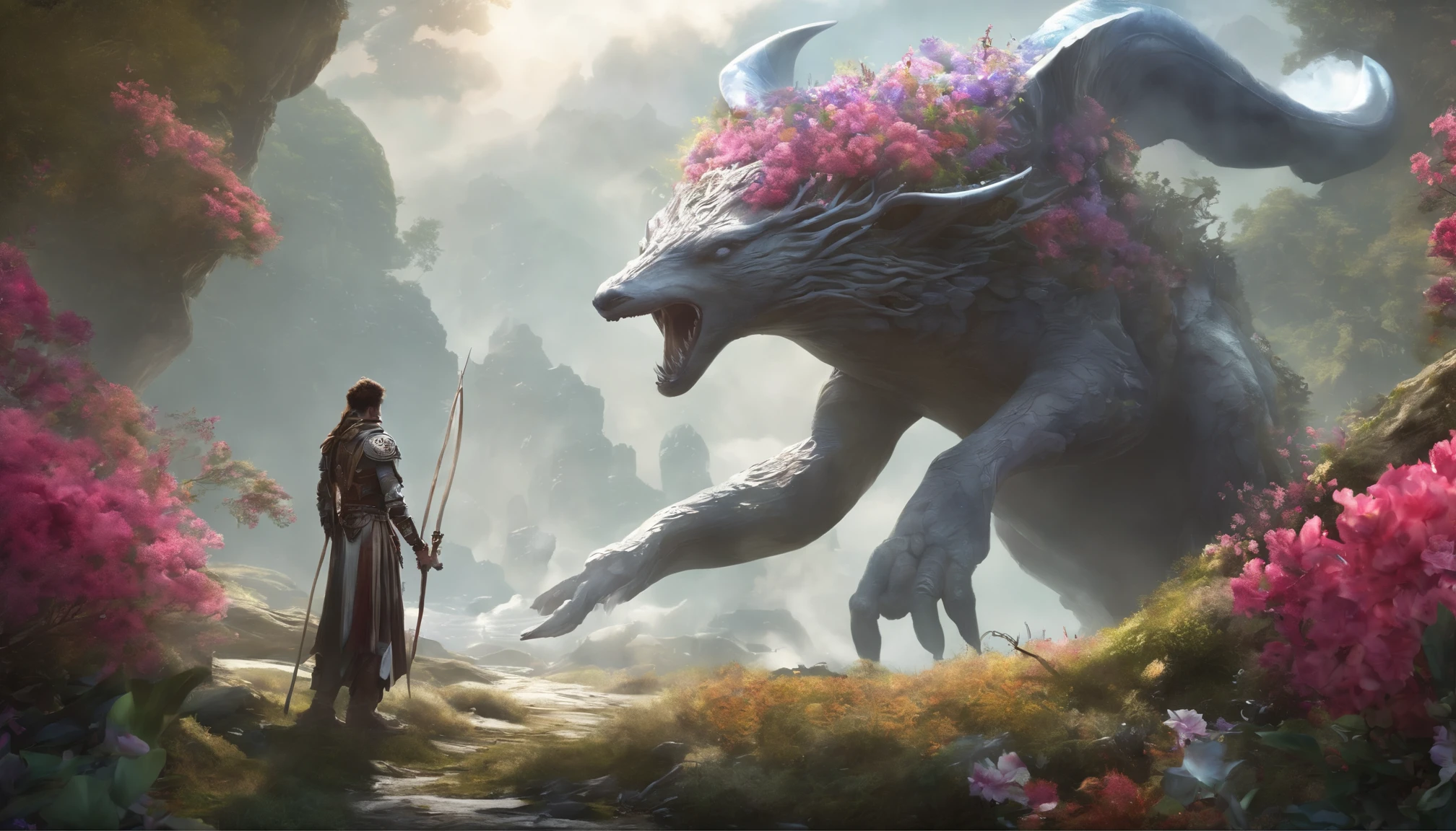 In a peaceful valley of exotic flowers and plants,a lone warrior armed with ancient knowledge and arcane weapons to vanquish a malevolent entity spawned,(white background,color anime style:1.45),filled with Irregular geometric fluid-oil,color planet,splashing nebulae,Giant Immortal Deer head-Whale body-fox tail,malevolent entity made up of a flowers branch and dark black swamp,a shadowy cult summons forth a ghastly entity from the void between dimensions