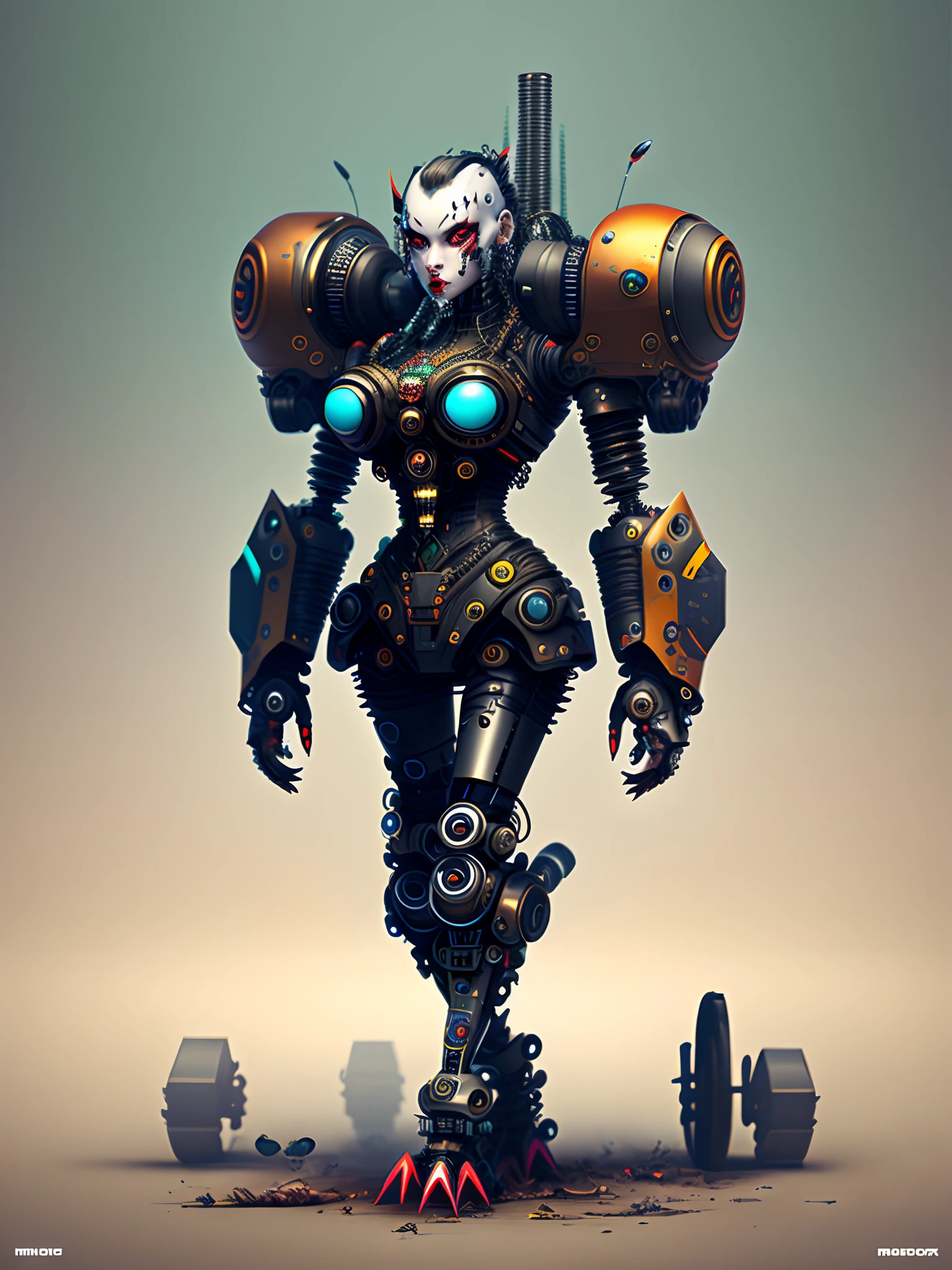 Create female monster with cyberpunk style and robotic legs