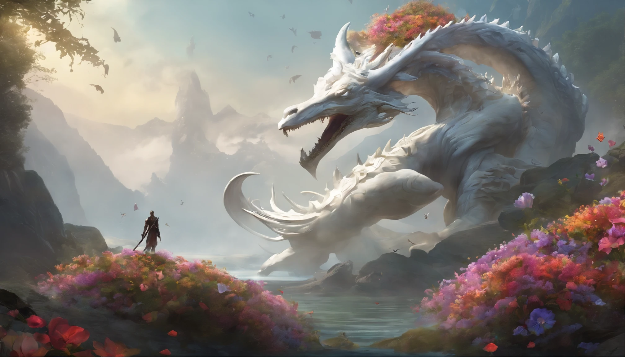 In a peaceful valley of exotic flowers and plants,a lone warrior armed with ancient knowledge and arcane weapons to vanquish a malevolent entity spawned,(white background,color anime style:1.45),filled with Irregular geometric fluid-oil,color planet,splashing nebulae,Giant Immortal Deer head-Whale body-fox tail,malevolent entity made up of a flowers branch and dark black swamp,a shadowy cult summons forth a ghastly entity from the void between dimensions