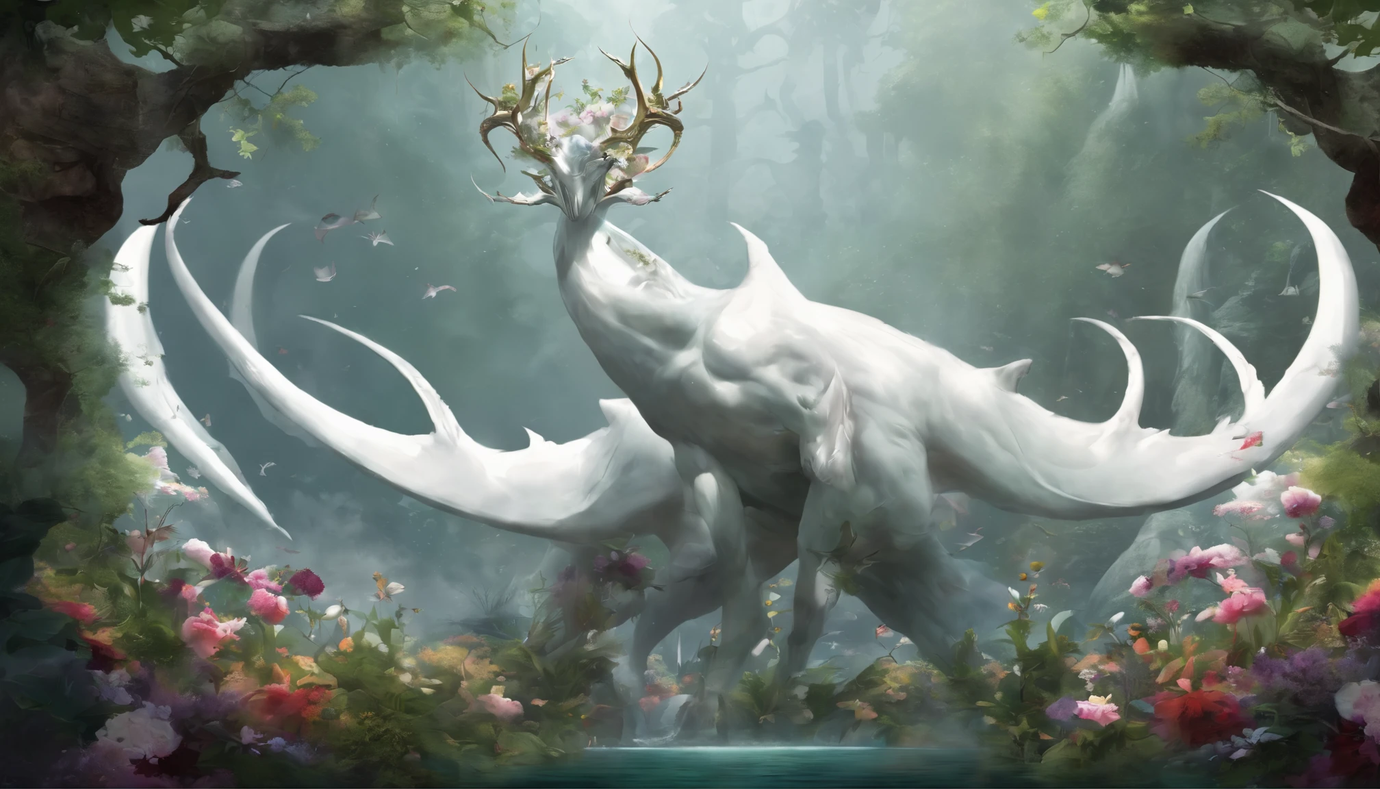 In a peaceful valley of exotic flowers and plants,a lone warrior armed with ancient knowledge and arcane weapons to vanquish a malevolent entity spawned,(white background,color anime style:1.45),filled with Irregular geometric fluid-oil,color planet,splashing nebulae,Giant Immortal Deer head-Whale body-fox tail,malevolent entity made up of a flowers branch and dark black swamp,a shadowy cult summons forth a ghastly entity from the void between dimensions