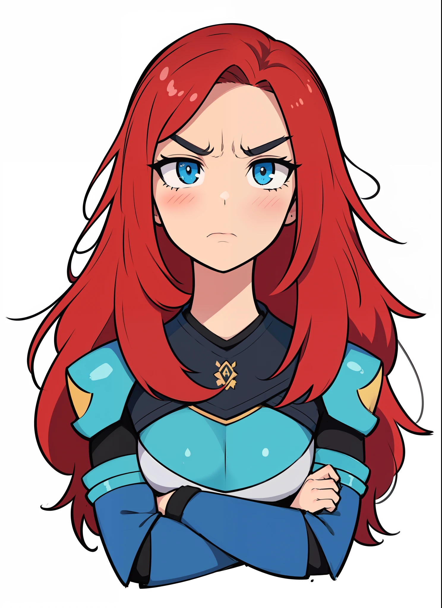 a cartoon girl with red hair and a blue armor, wearing armor, rpg paladin, beautiful grumpy girl, an angry expression, angry look, with serious face expression, frowning expression, young angry woman, cartoon style illustration, serious and stern expression, angry looking, annoyed expression, an angry, angry expression, frowning, intimidating woman, she has a distant expression, cartoon illustration