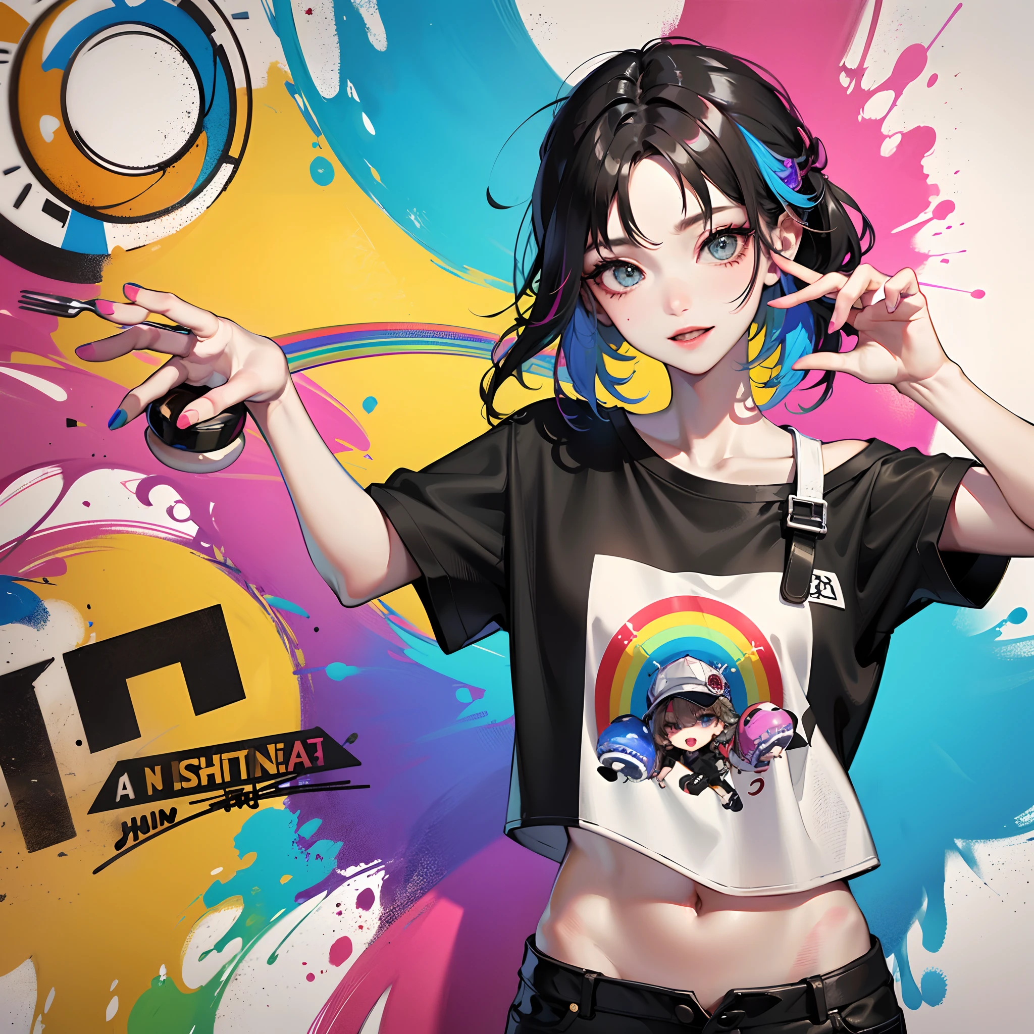 (with rainbow colored background：1.45),（A girl，Solo,Cowboy shot,Deep rainbow skin,rainbow
Colorful body painting,Lu Kee top casual shoulder strap T-shirt:1
45)1/2. offcial art,2/3 Graffiti art;street fashion：p/3. Stamp the artistic signature,English logo
English text Xiang Jun Figure 1.35),Spray painted steamed buns。
Color ink,Splash ink;Some rusty years
The main fork of the future,Cowboy shot,Colorful wheel gallery，The shiny rainbow is new and colorful，Color paint graffiti，body line，Rub the edges，Crop topping