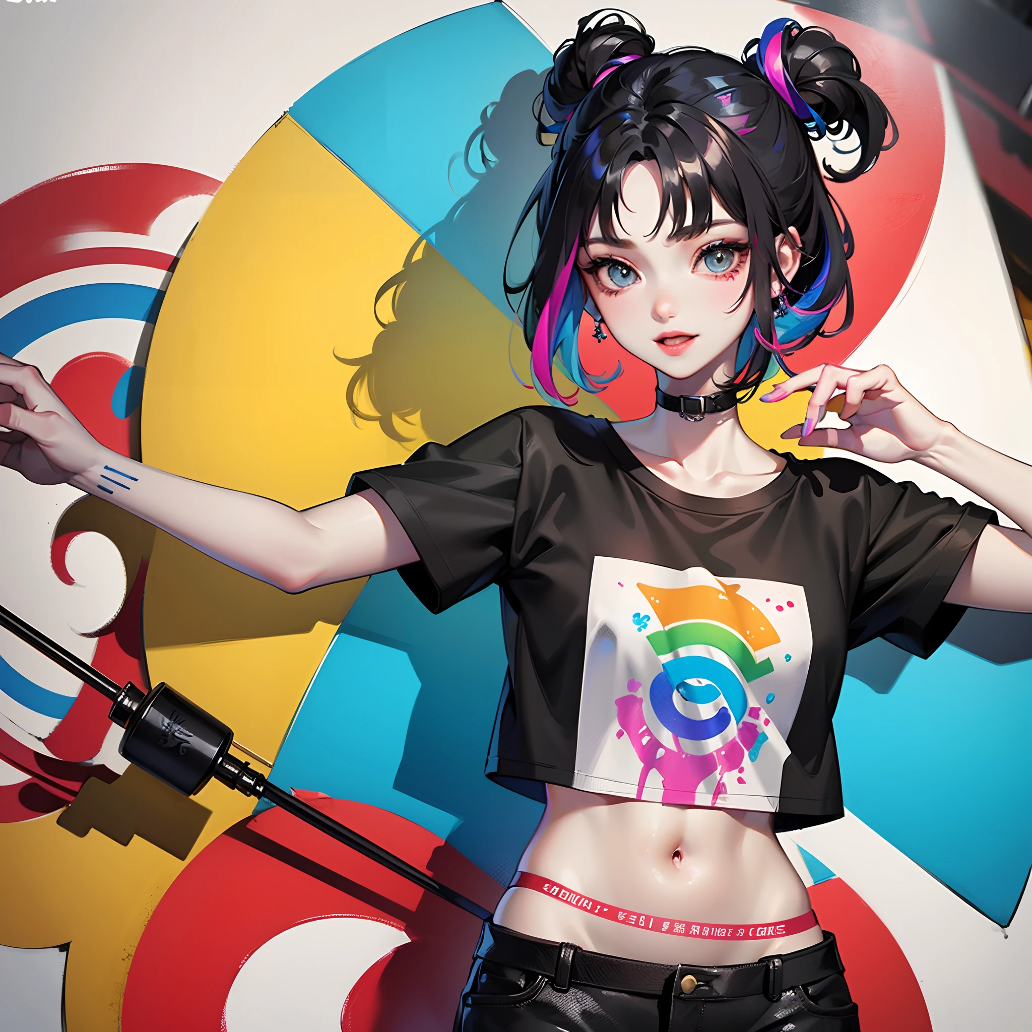 (with rainbow colored background：1.45),（A girl，Solo,Cowboy shot,Deep rainbow skin,rainbow
Colorful body painting,Lu Kee top casual shoulder strap T-shirt:1
45)1/2. offcial art,2/3 Graffiti art;street fashion：p/3. Stamp the artistic signature,English logo
English text Xiang Jun Figure 1.35),Spray painted steamed buns。
Color ink,Splash ink;Some rusty years
The main fork of the future,Cowboy shot,Colorful wheel gallery，The shiny rainbow is new and colorful，Color paint graffiti，body line，Rub the edges，Crop topping