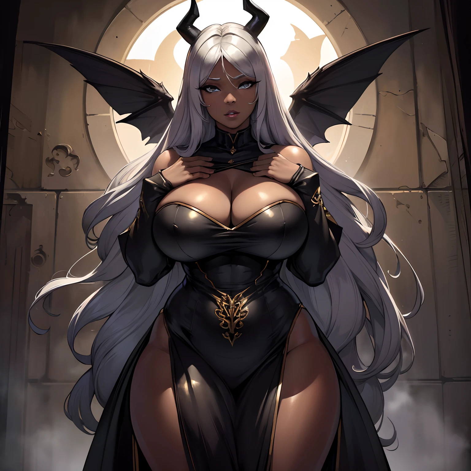 (best quality,4k,8k,highres,masterpiece:1.2), ultra-detailed, (realistic,photorealistic,photo-realistic:1.37), mature ebony-skinned female with long flowing silver hair, wearing a gilded form-fitting dress, curvy, thicc, has large black demon wings, has demonic horns, alluring gaze, portraits