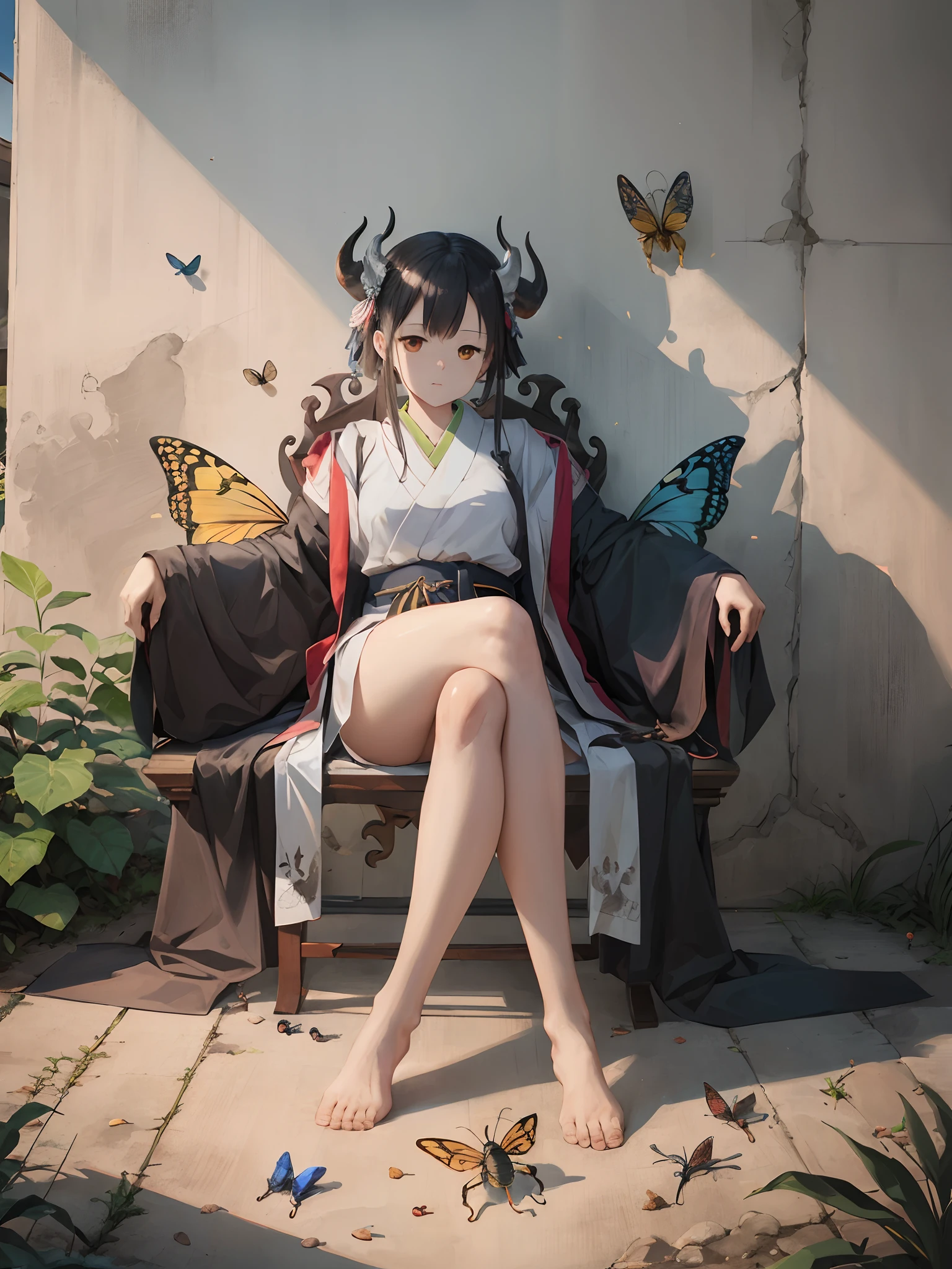 Wall lined with many insect specimens、A chair like a demon king sits、Girl crossing her legs、Japanese anime