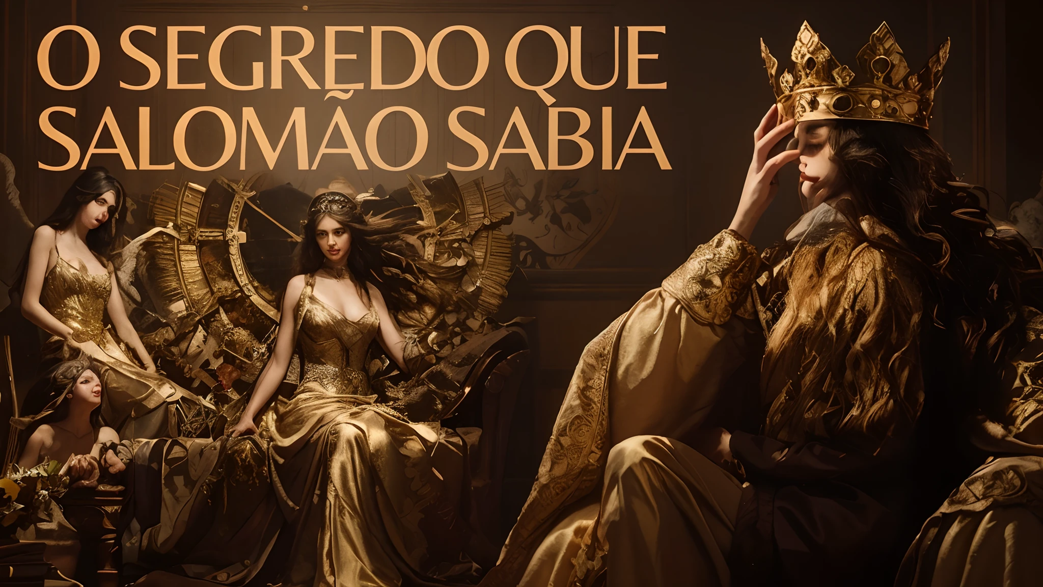 Imagem: Solomon, o rei poderoso, He sits on his throne with a serene and majestic countenance. To your right, There are five women dressed in exuberant outfits and dazzling jewelry, each representing their position as the king's wives. The scene is richly decorated with sumptuous tapestries, e a atmosfera irradia luxo e autoridade.