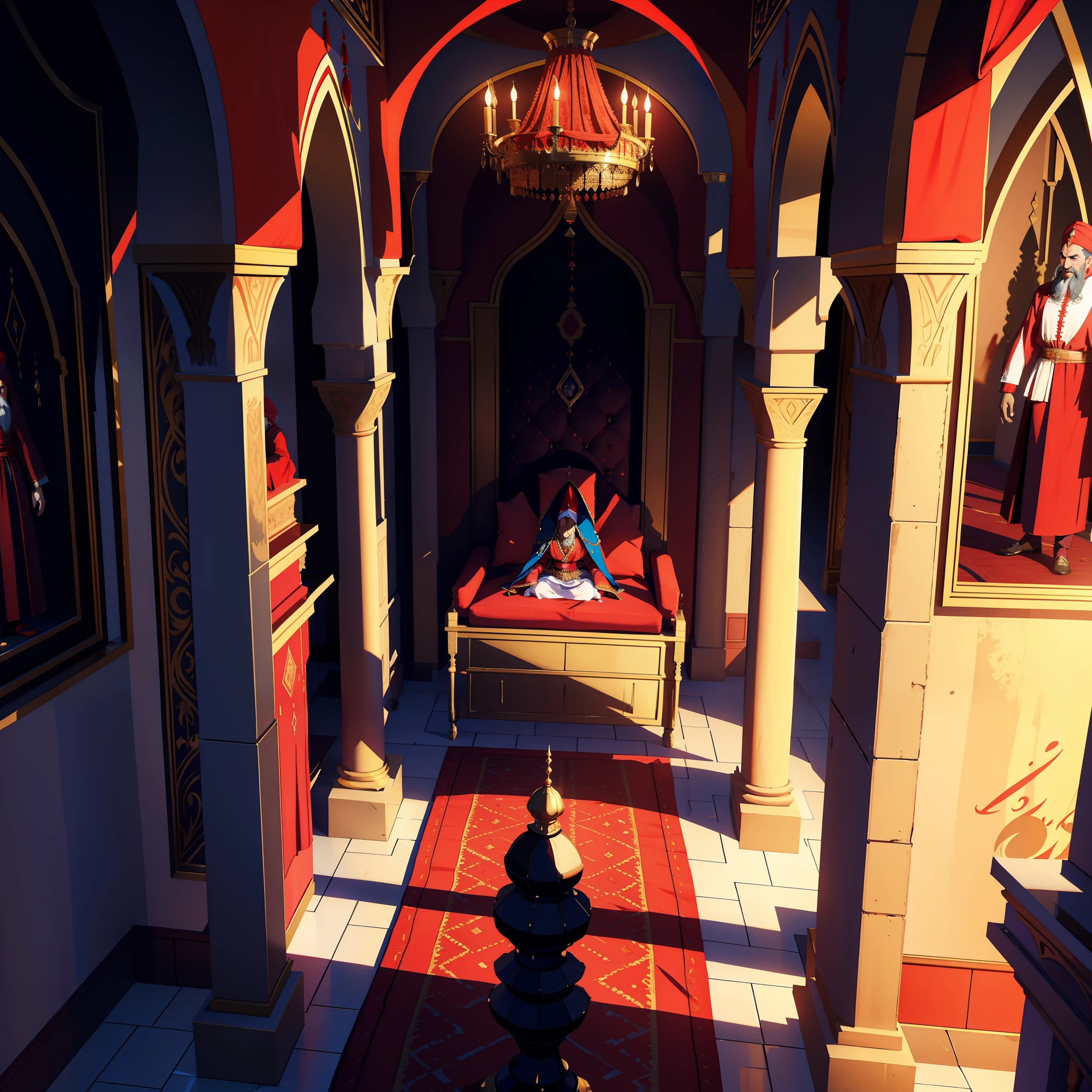 Lord Dracula in these red turbans with Moroccan Islamic outfit Super detailed 15 years in the legendary throne room Accompanied by these consultants 3 people in Moroccan dress View of the scene View of the scene from a 3D camera Three points Perspective Shot Bottom view