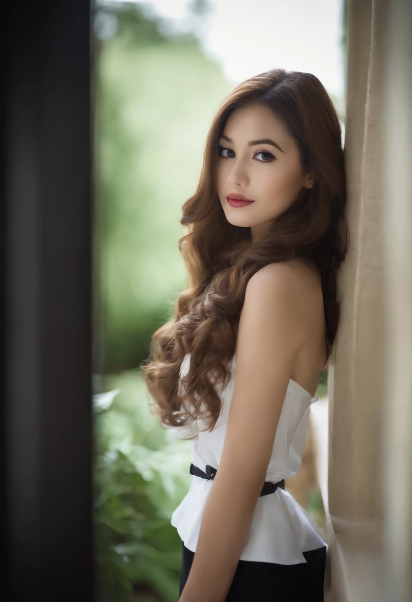 Best Quality, Full Body Portrait, Delicate Face, Beautiful Face, Big Eyes: 1.1, Makeup: 1.2, 25 Years Old Woman, Slim Body, Small Bust, OL Uniform, Female White Collar Uniform, Office Uniform, Black Stockings, Outdoor Scene, Standing, Long Hair, Nudity, Nudity, Nudity, cinematic photo