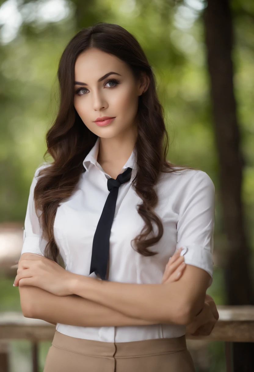 Best Quality, Full Body Portrait, Delicate Face, Beautiful Face, Big Eyes: 1.1, Makeup: 1.2, 25 Years Old Woman, Slim Body, Small Bust, OL Uniform, Female White Collar Uniform, Office Uniform, Black Stockings, Outdoor Scene, Standing, Long Hair, Nudity, Nudity, Nudity, cinematic photo